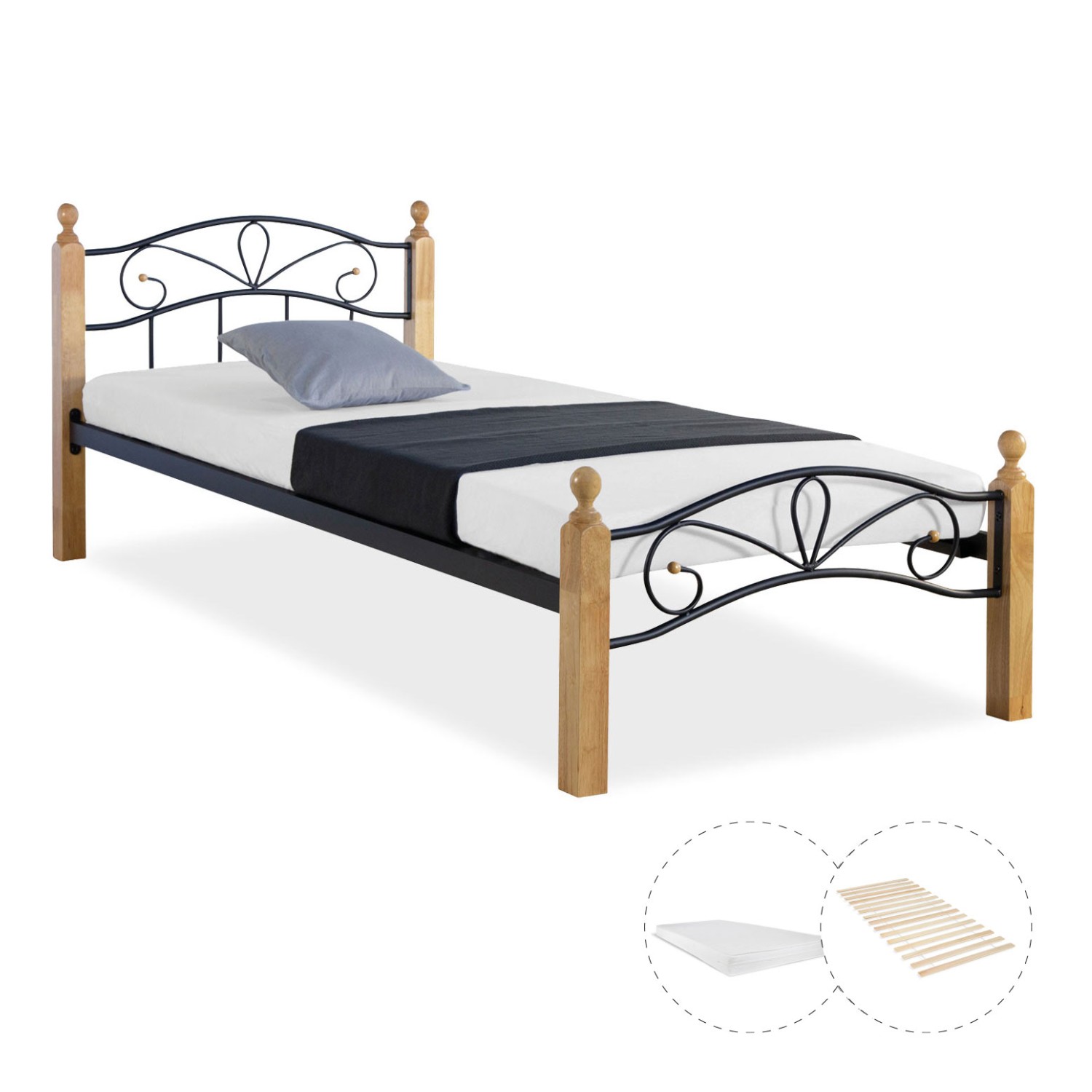 Metal Bed with Mattress Slatted Frame 90x200 cm Bedstead Black Nature Wood Single Daybed