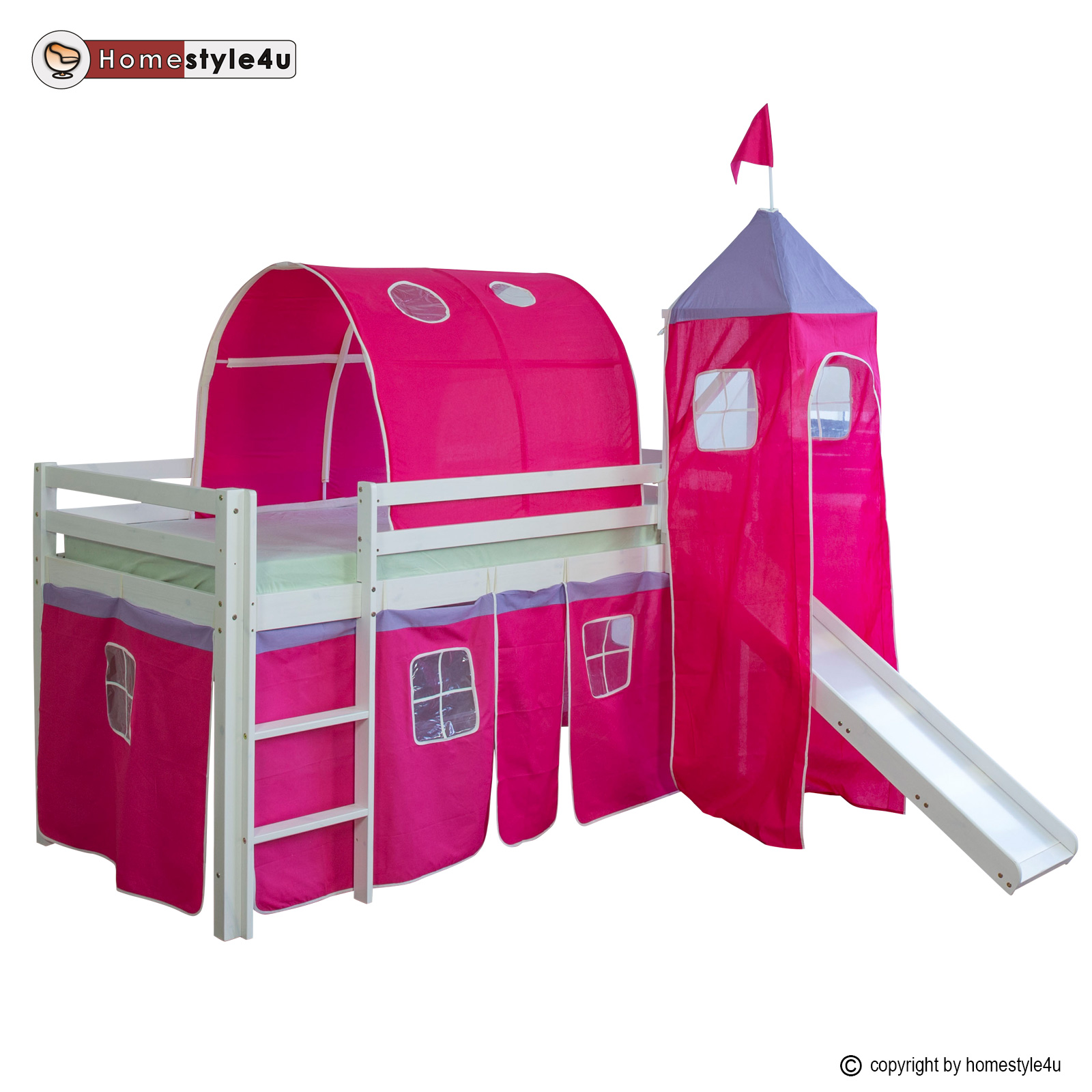 Loft Bed Kids 90x200 cm White with Curtain in Pink | Tunnel | Tower | Slide | without Slatted Frame