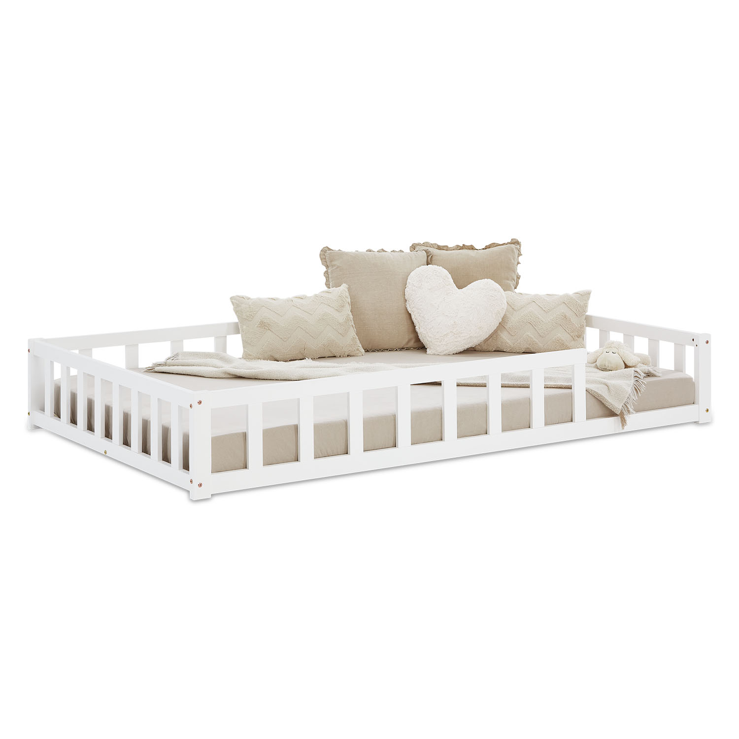 Children's Bed 120x200 White | Floor Bed with Slatted Frame | with Fall Protection | Montessori
