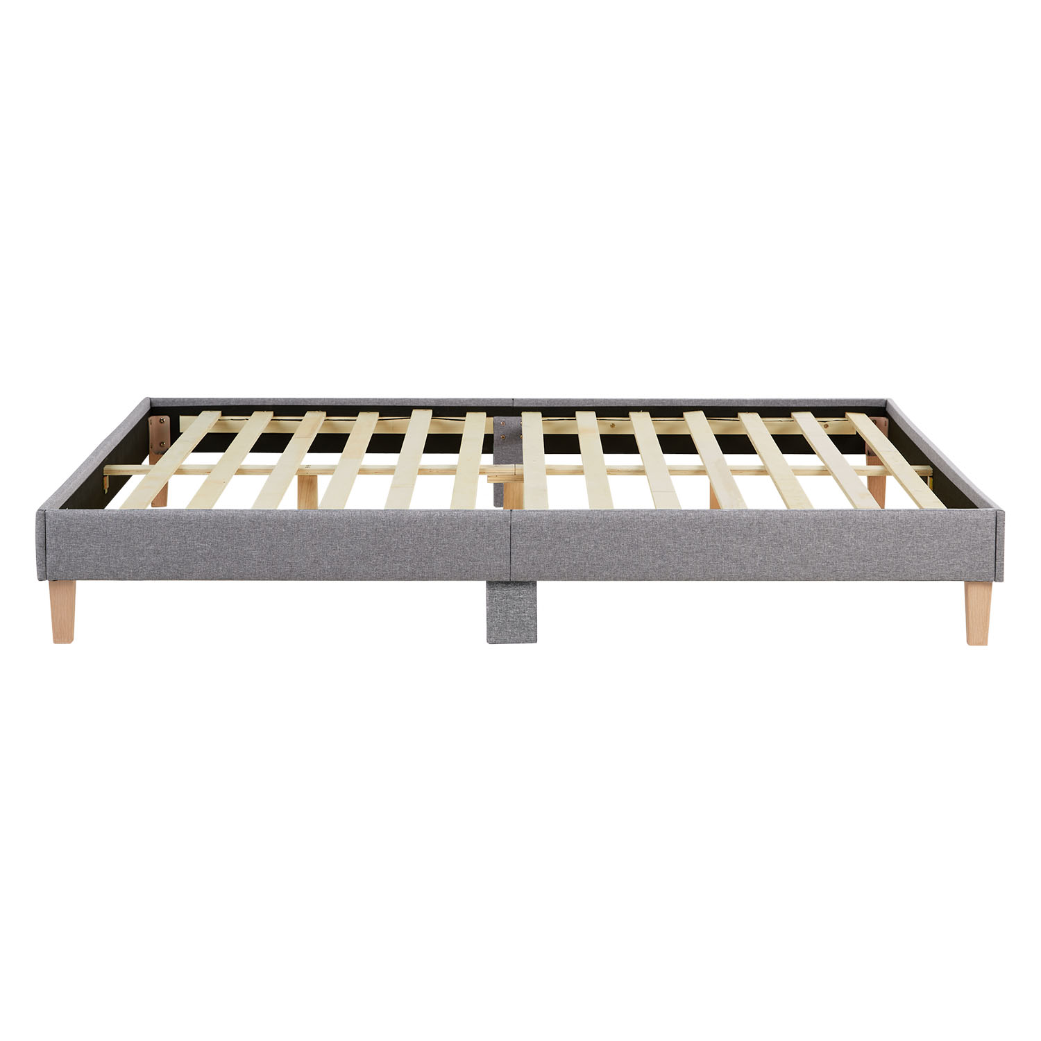 Modern low-profile bed frame with fabric upholstery and solid wood legs – Minimalist design for stylish bedrooms