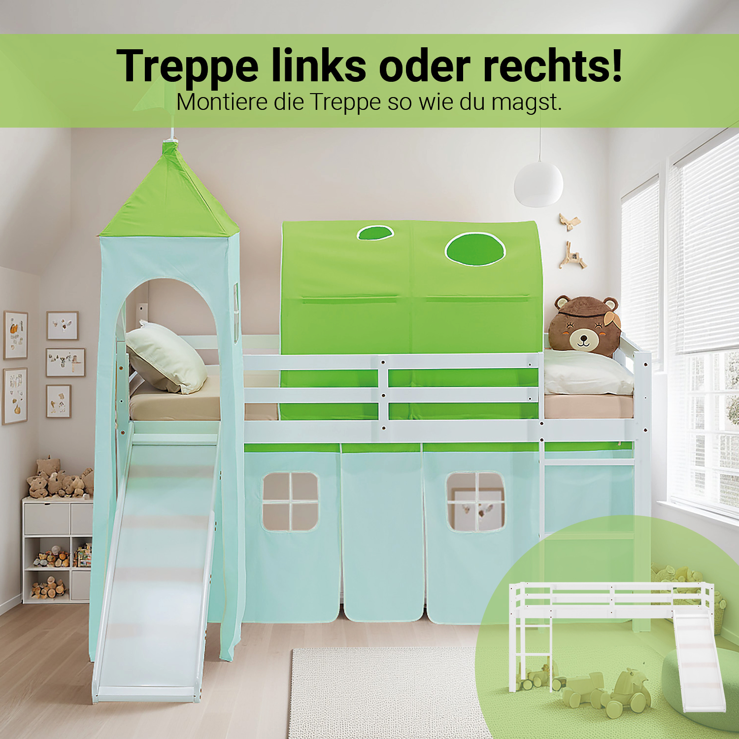 Loft Bed for Kids 90x200 cm White with Curtain in Green | Slide | Tower | Tunnel | with Slatted Frame and Mattress
