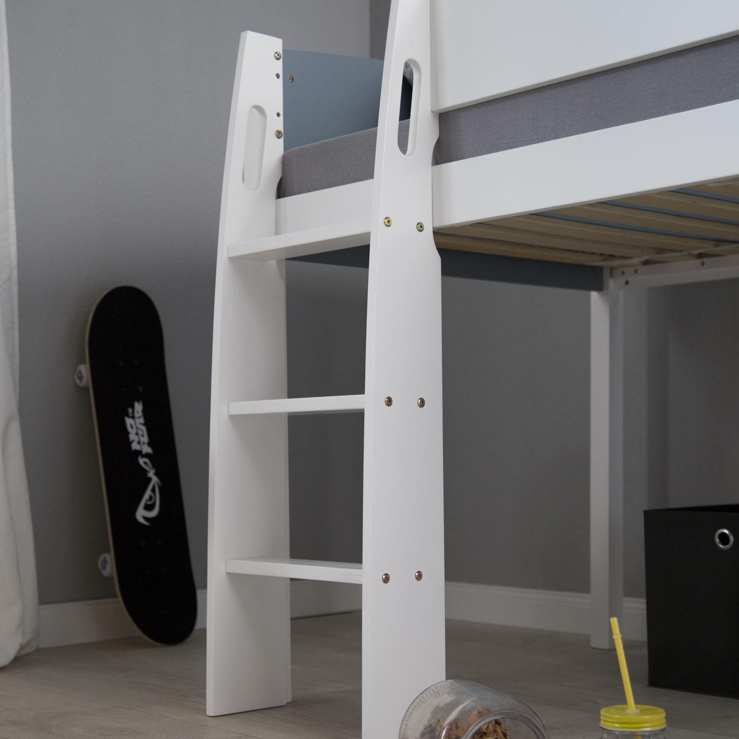 Loft Bed Kids 90x200 cm White | Modern Ladder | without Slatted Frame