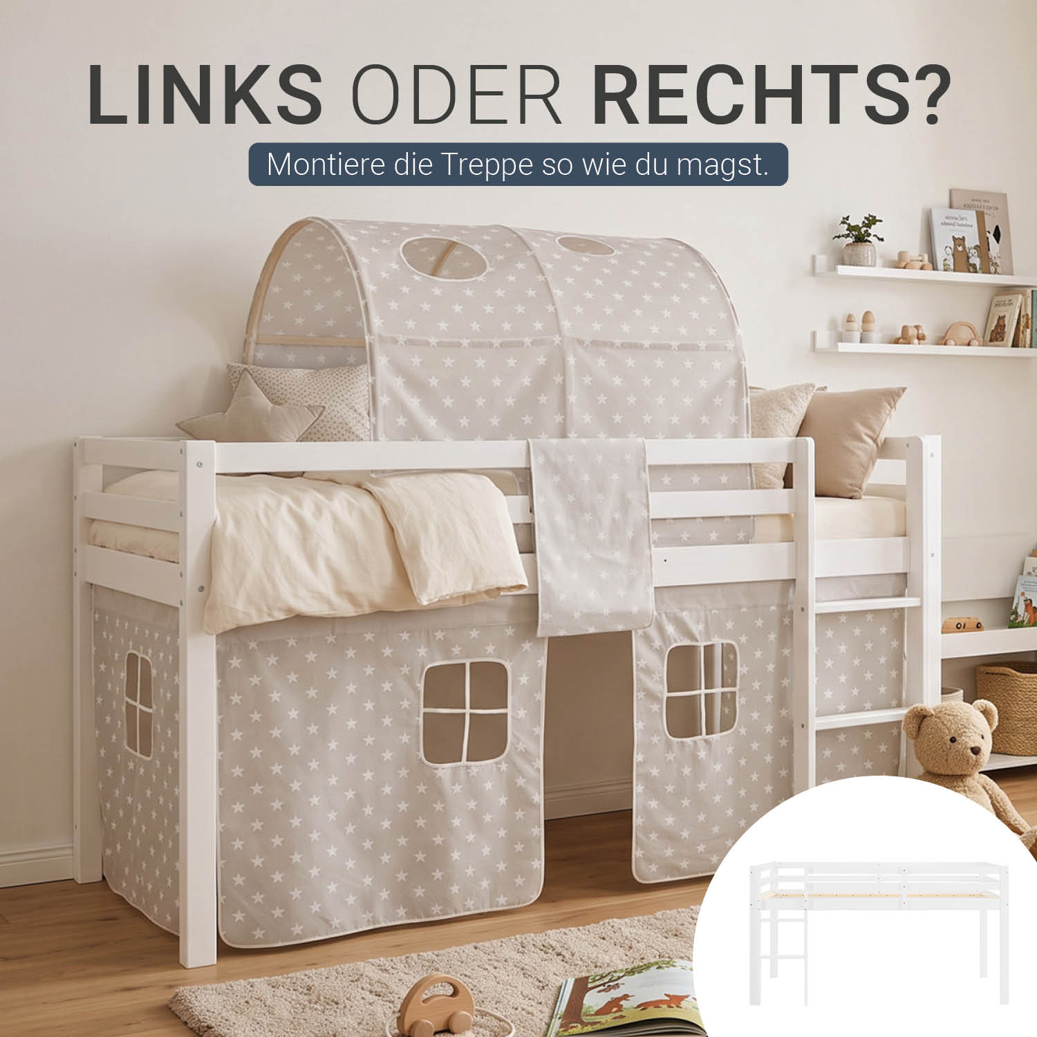 Children's Loft Bed 90x200 cm White with Star Curtain | Tunnel | Without Slatted Base