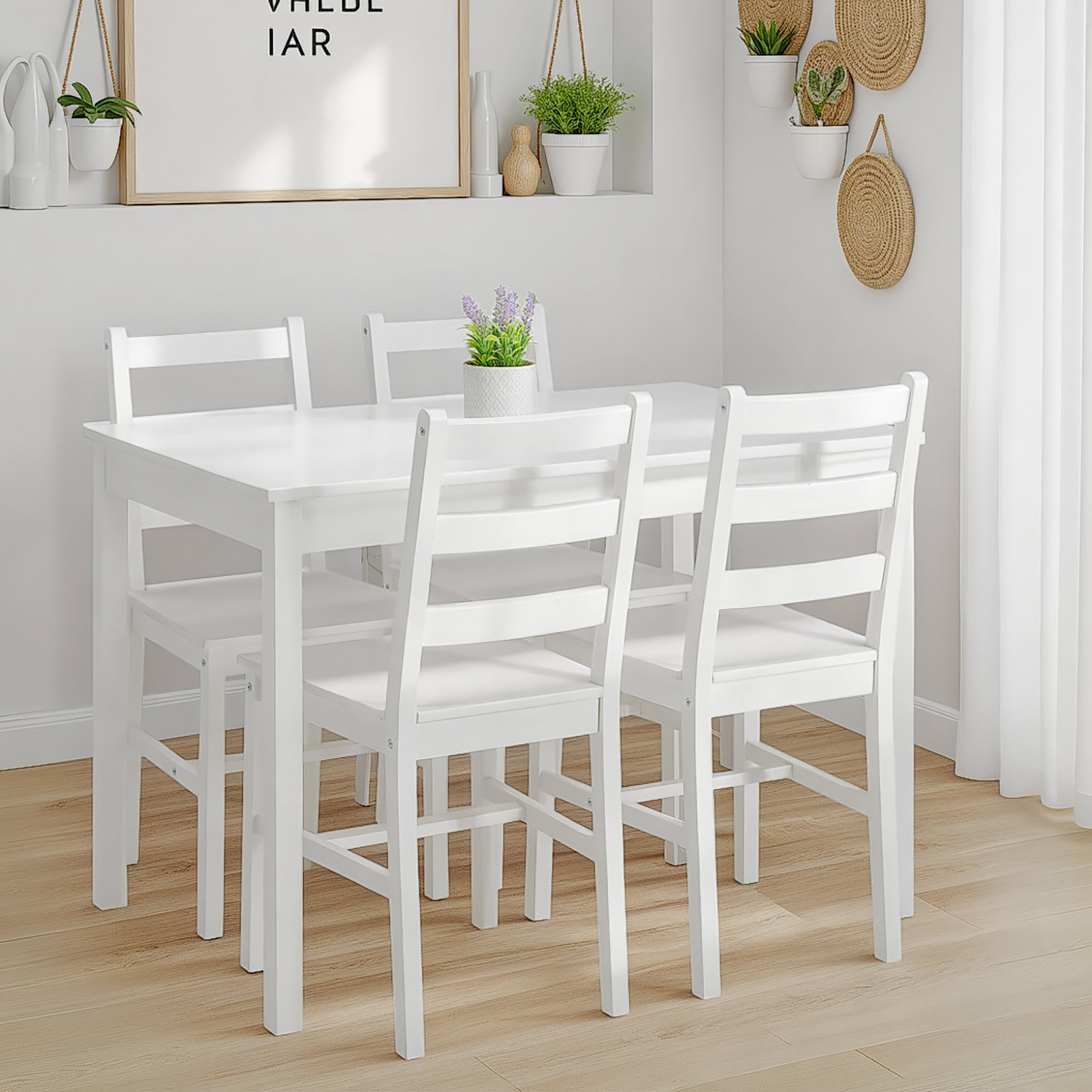 Esstisch mit 4 Stühlen Set Essgruppe Weiß Natur Esszimmertisch 108x65 cm Küchenstühle Holz Massiv Landhausstil