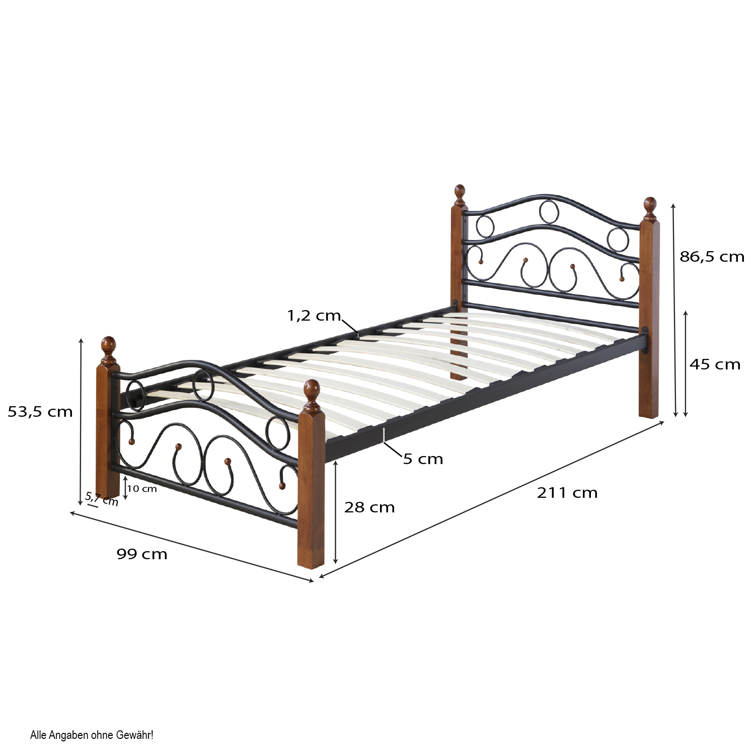 Metal Bed with Mattress Slatted Frame 90x200 cm Bedstead Black Brown Wood Single Daybed