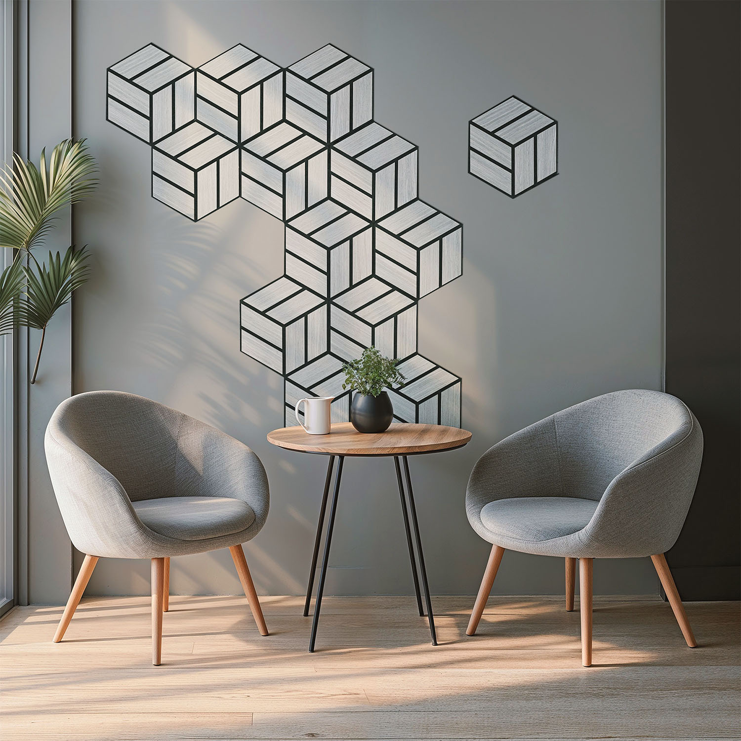 Akustikpaneele Holz 30 x 26 cm Braun Grau Natur Paneele Hexagon Wandpaneele 3D Wandpaneel Wandverkleidung Dekorpaneel