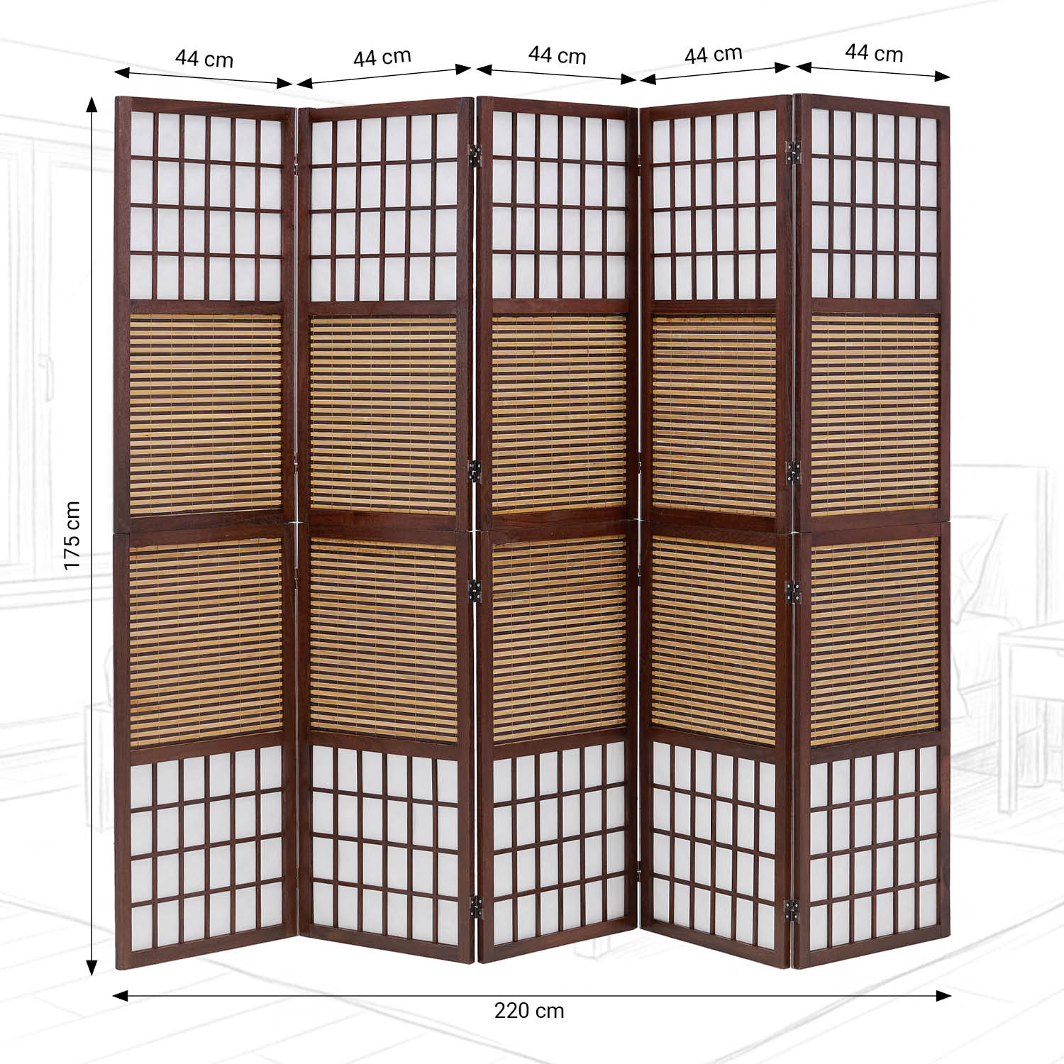 Brown 5-panel folding screen – room divider with bamboo and shoji rice paper