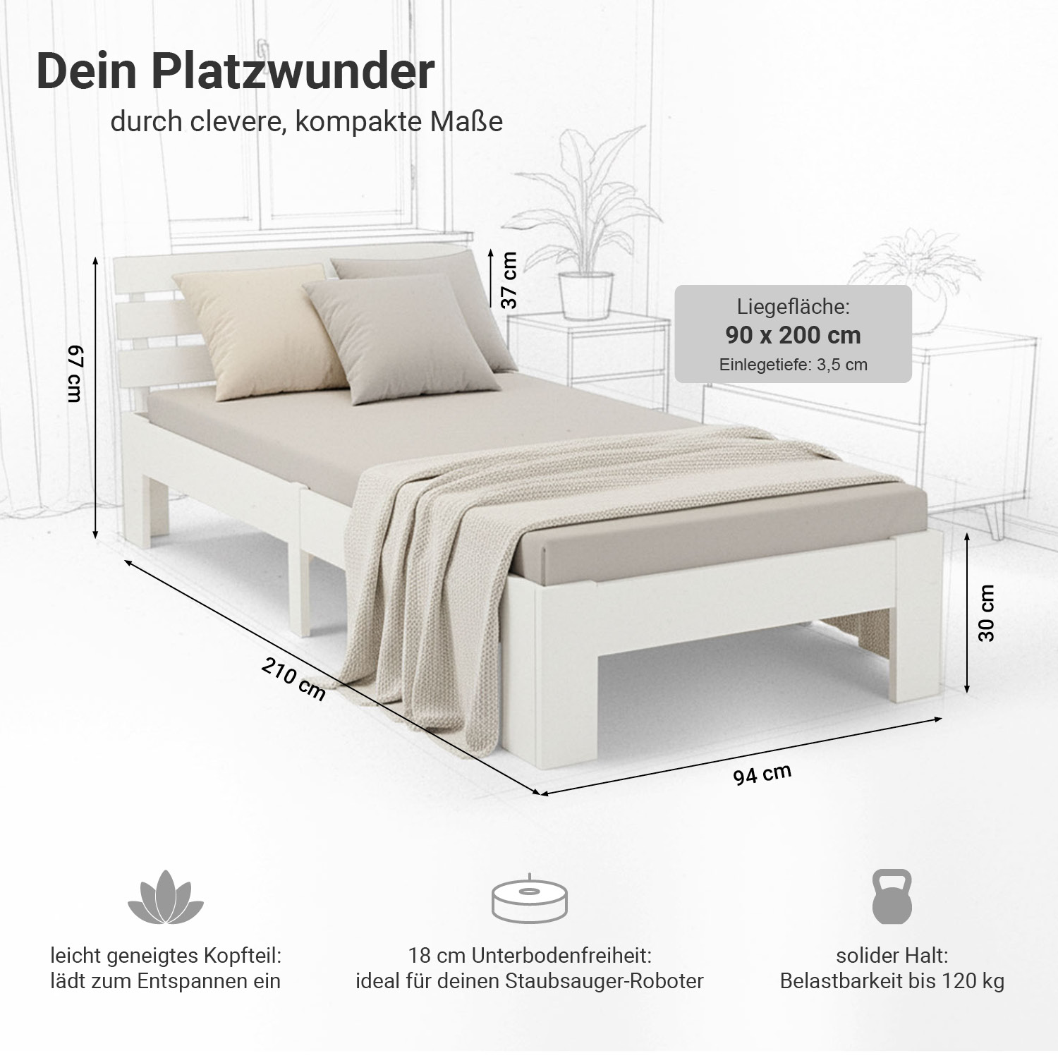 Holzbett 90x200 Weiß – Massives Einzelbett mit Lattenrost für Kinder- & Jugendzimmer