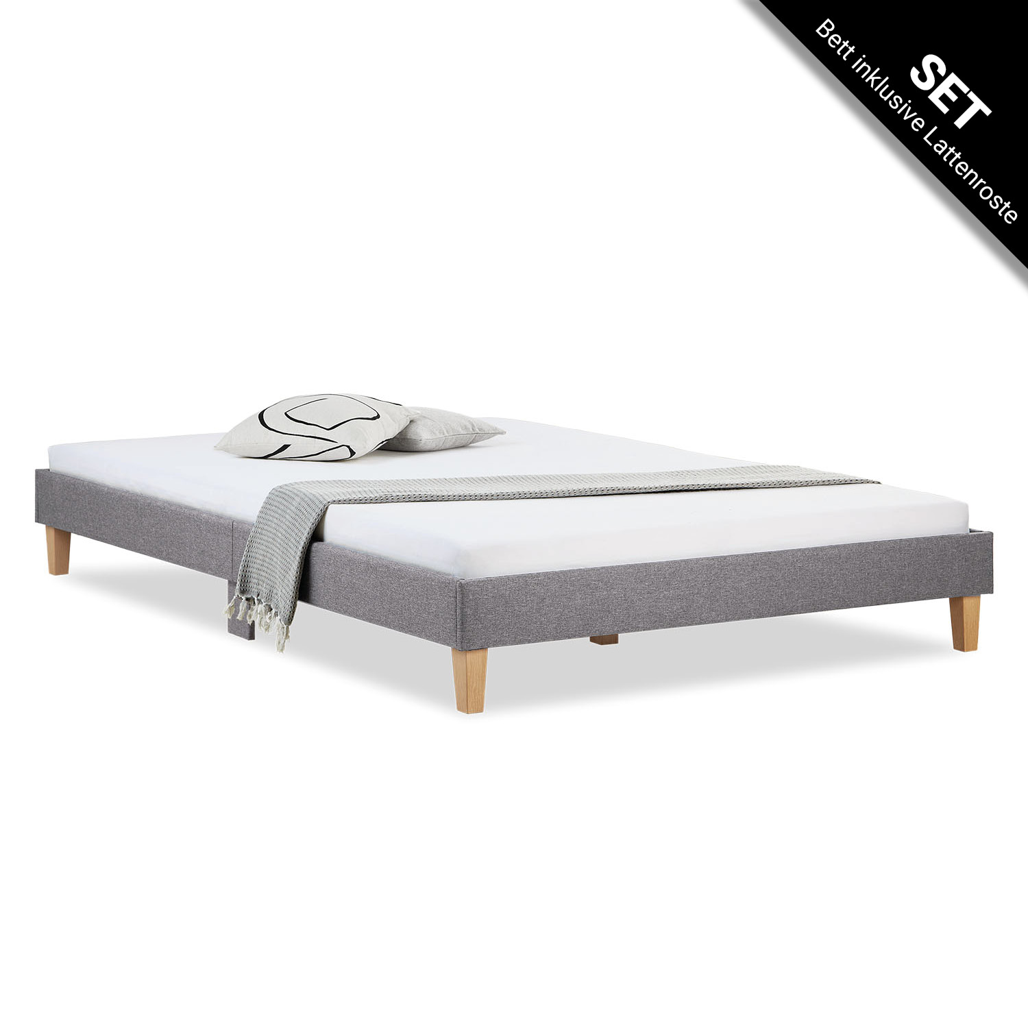 Upholstered Bed 160x200 cm Gray – Modern Futon Bed with Slatted Base | Minimalist Double Fabric Bed