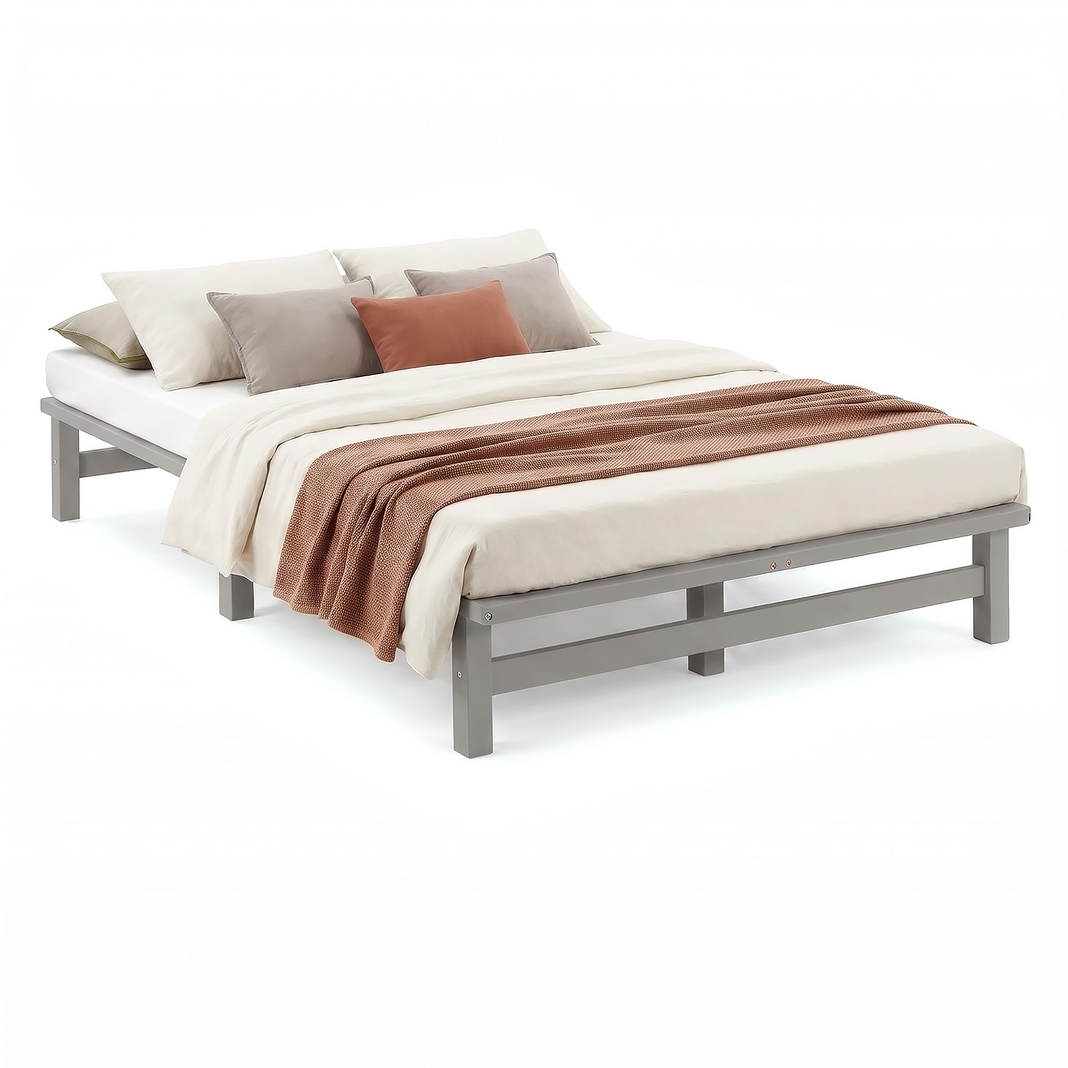 120x200 cm Grey Pallet Bed – Wooden Double Bed with Slatted Base for Teen Rooms, Guest Rooms, and Bedrooms