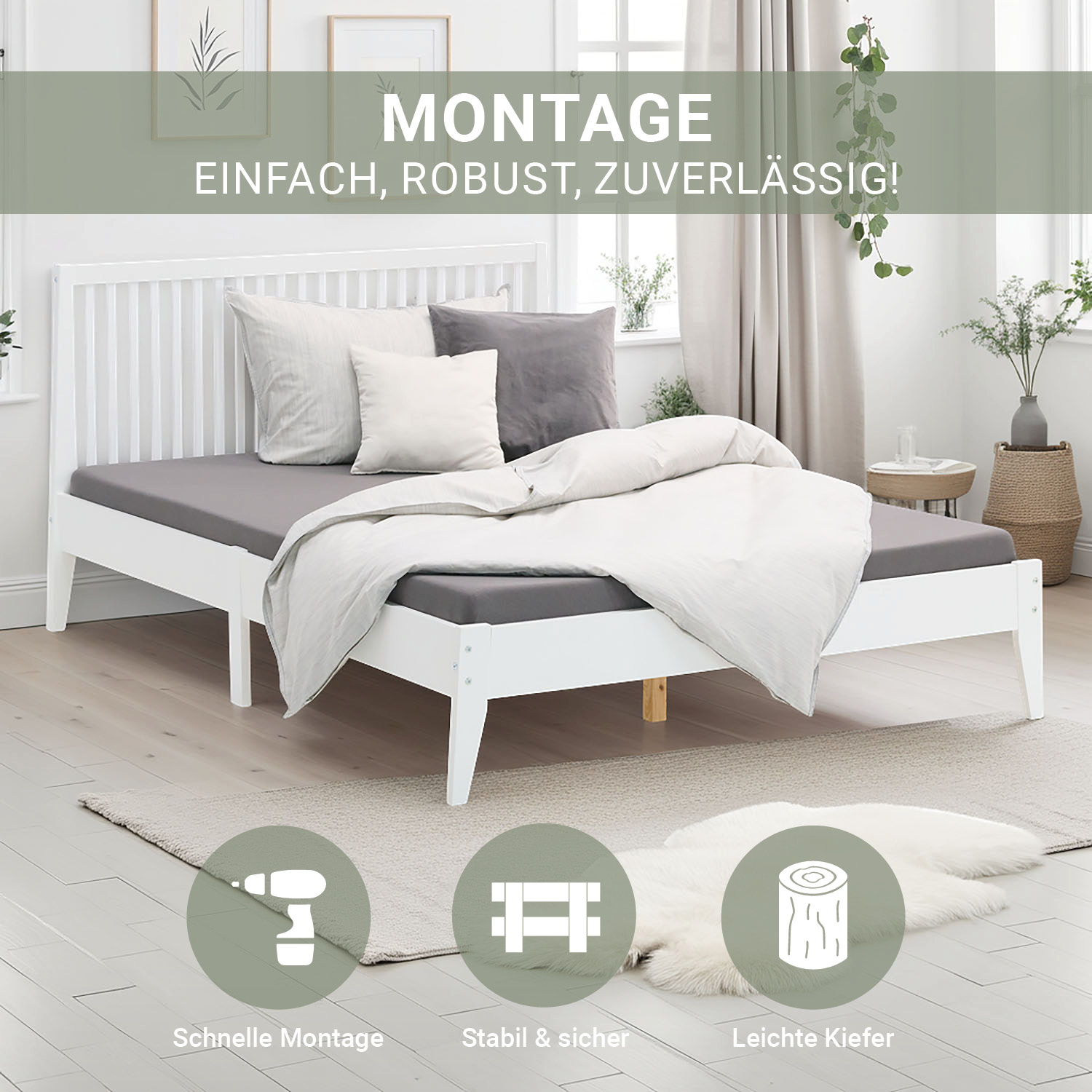 Wooden Bed 140x200 cm White – Scandinavian-Style Double Bed with Slatted Base for Teenagers' & Bedrooms