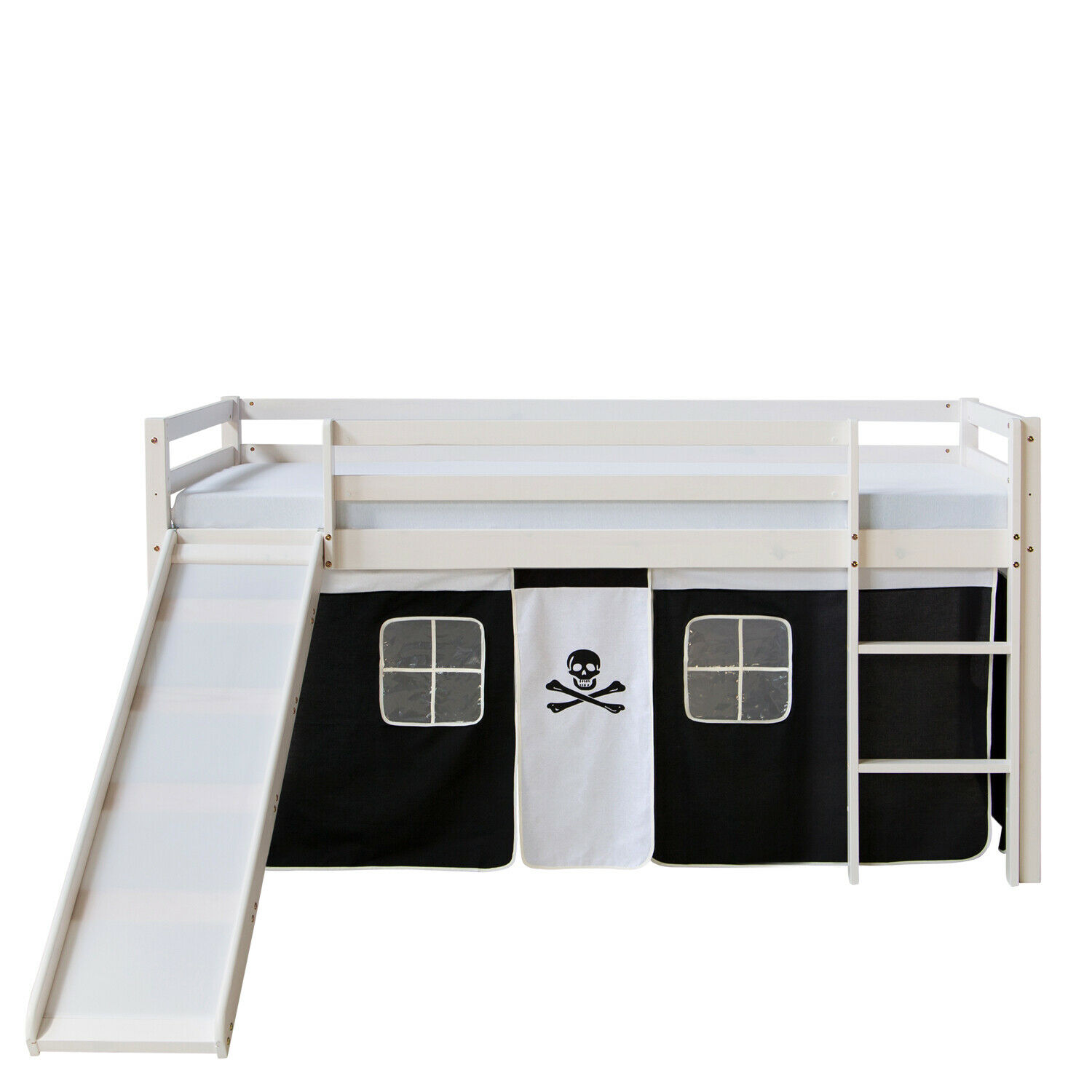 Loft Bed Kids 90x200 cm White with Curtain in Black | Slide | without Slatted Frame
