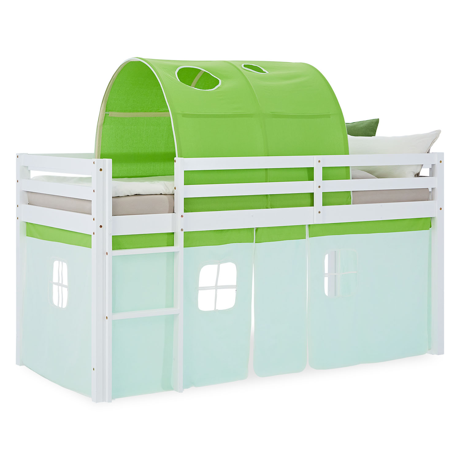 Mid-height kids? bed made of white solid wood with green play tunnel and mint green curtains ? adventure bed with window design, perfect for a boy?s room
