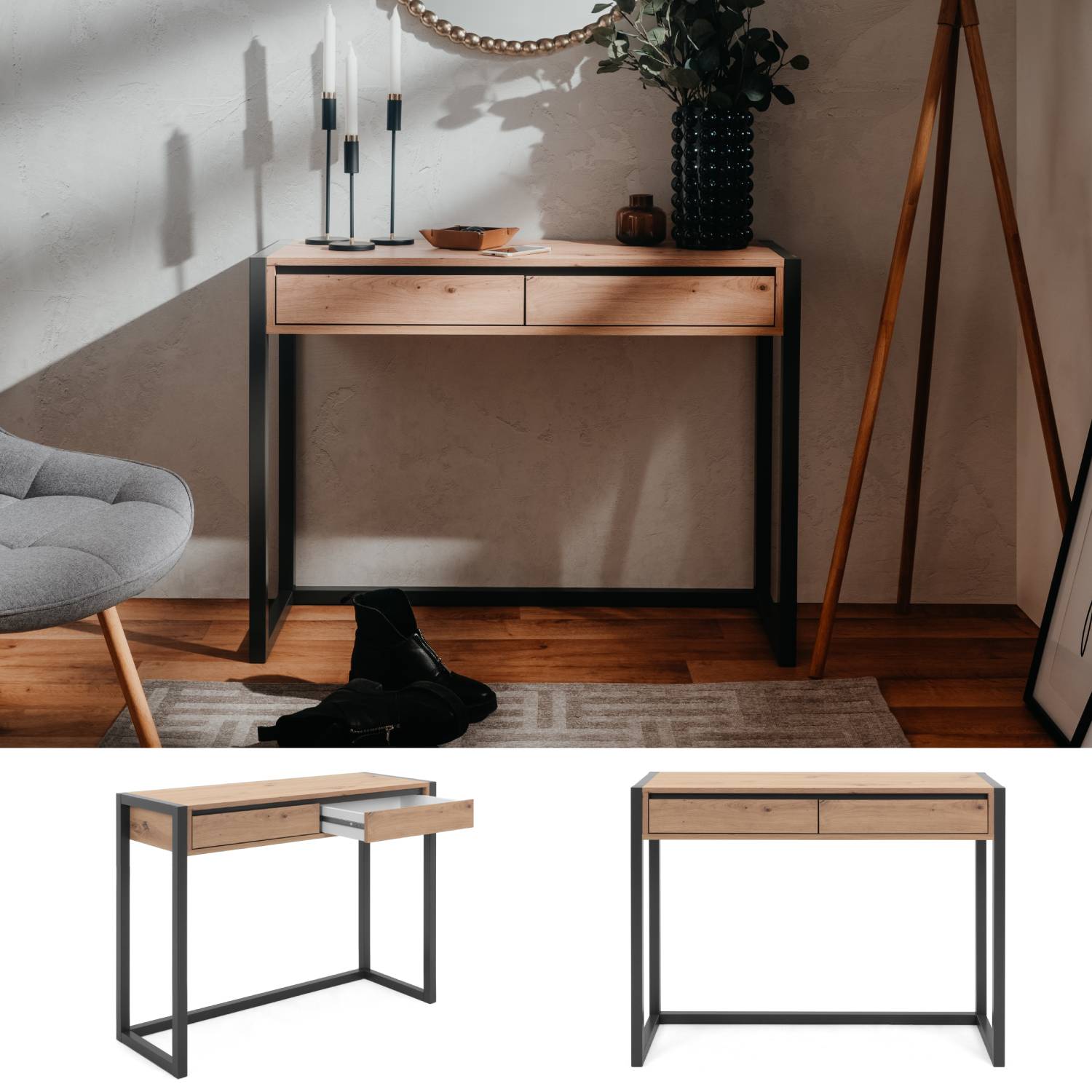 Console Table with 2 Drawers Hallway Furniture Desk Wood Industrial Style Storage