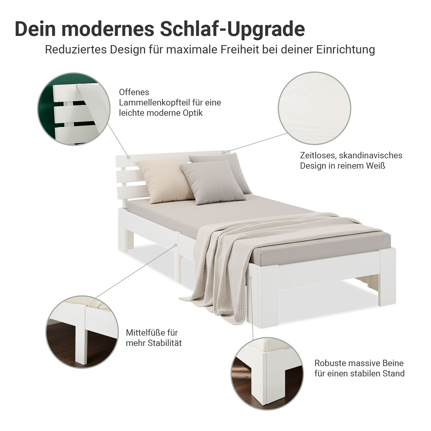 Wood Bed 90x200 cm White | Single Bed | with Spring Mattress | Solid | Youth Guest Bedroom