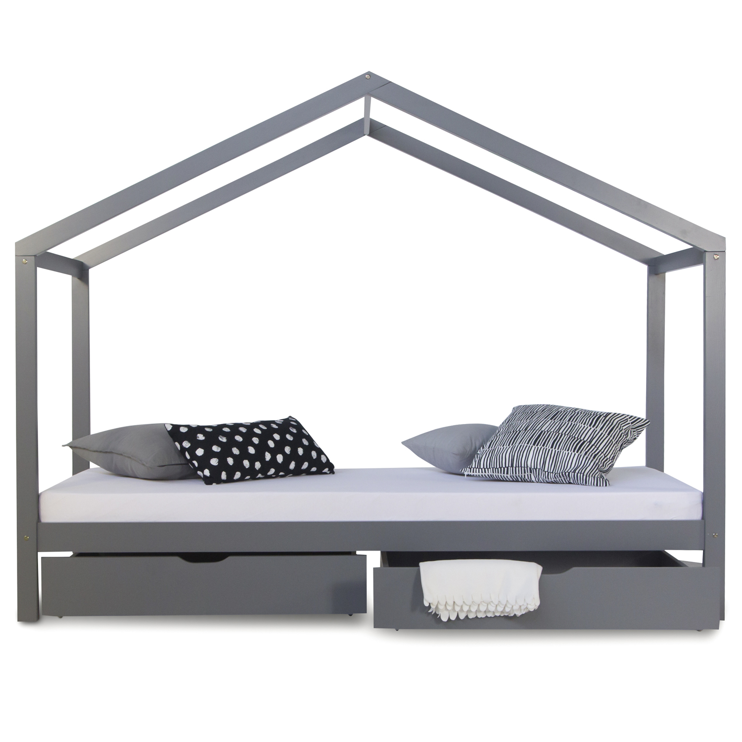 Children's Bed with mattress 90x200 House Bed Kids Bed Wooden Bed Grey Cot Drawer