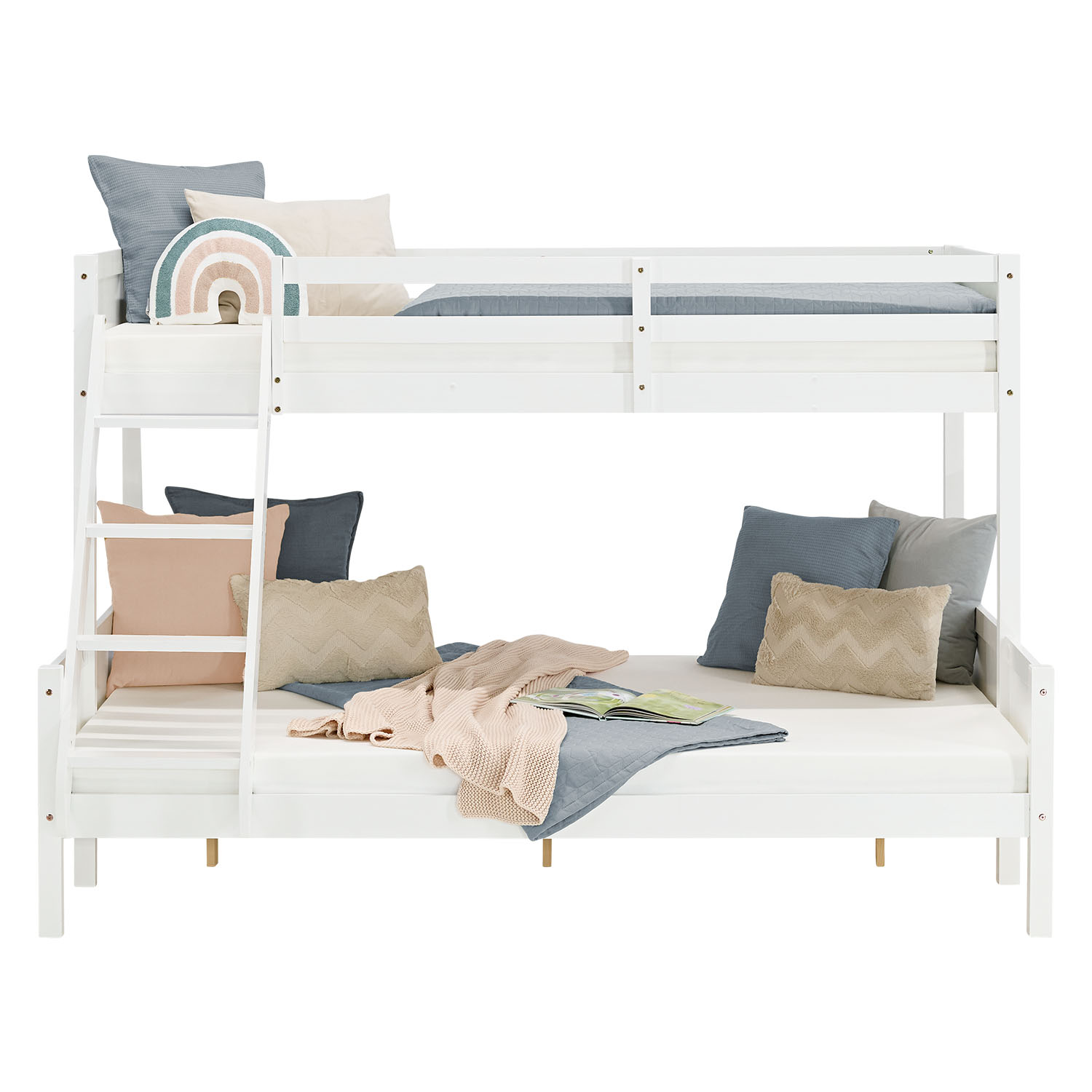 Children´s Bed Bunk Bed 90x200 and 140x200 High Sleeper Cot White Wood with Slats 2 Matresses