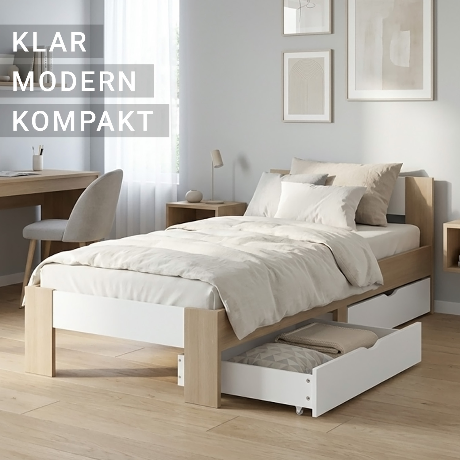 Holzbett 90x200 mit 2 Bettkästen Bett Eiche Braun Weiß Holzbett Bettgestell Jugendbett Einzelbett Matratze Lattenrost