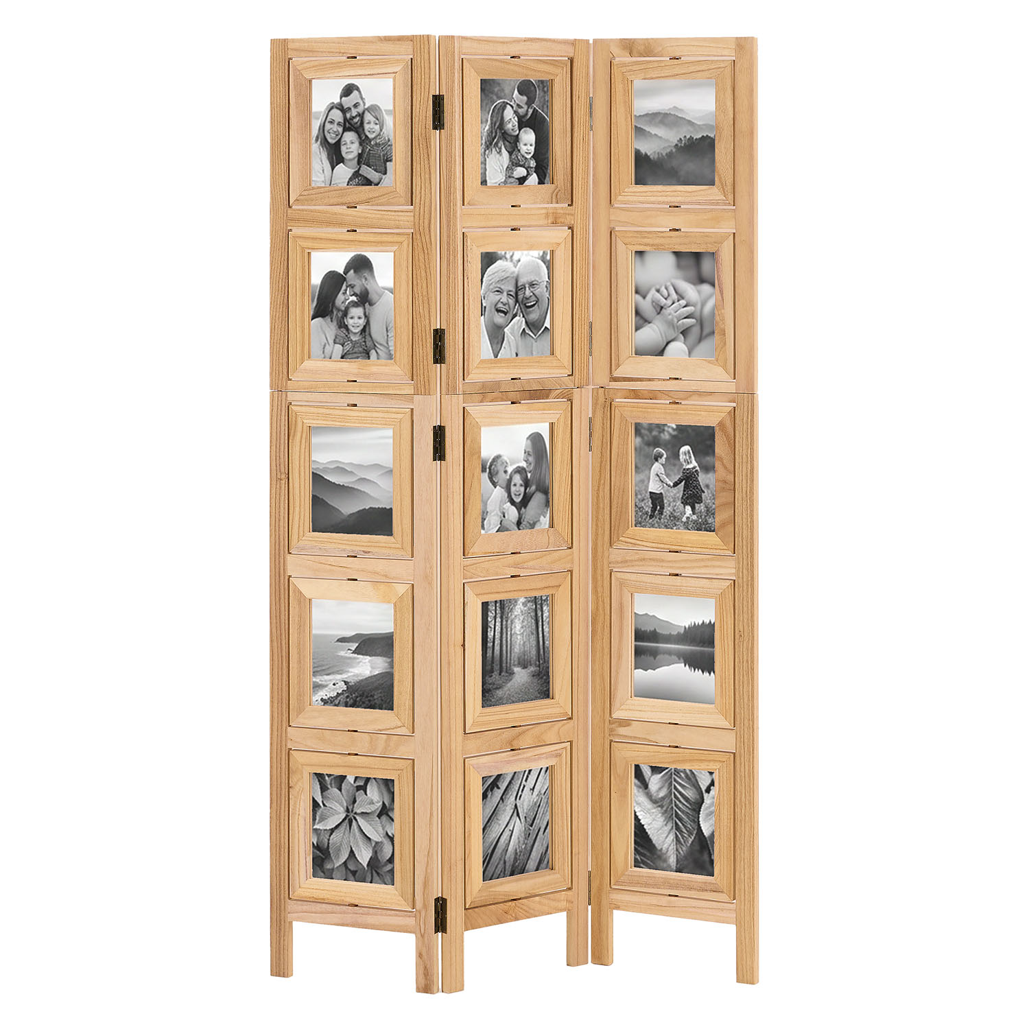 3-Panel "Nature" Folding Screen with Photos – Wooden Room Divider as a Photo Display