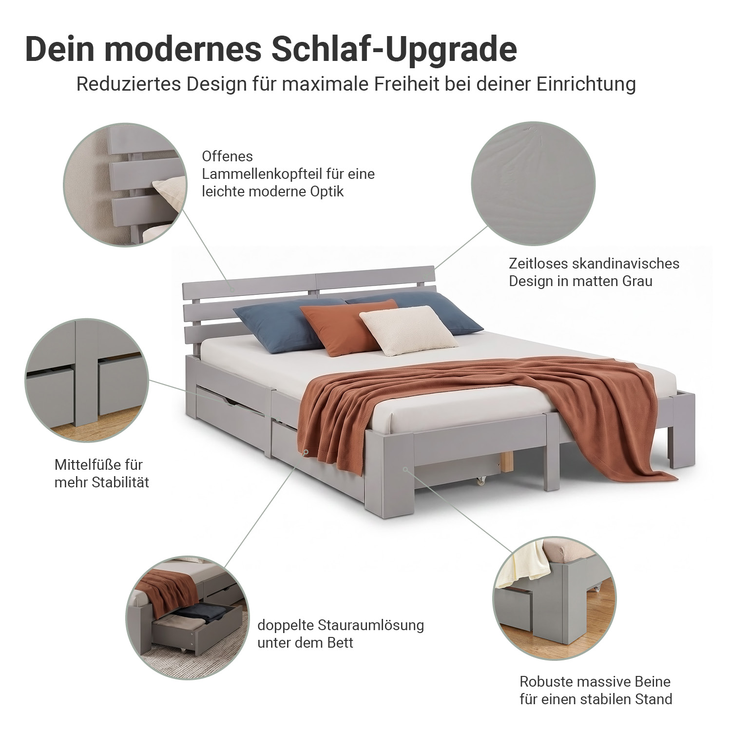 Wooden Bed 140x200 cm, Gray, with Storage Compartment & Slatted Base – Solid Wood Double Bed
