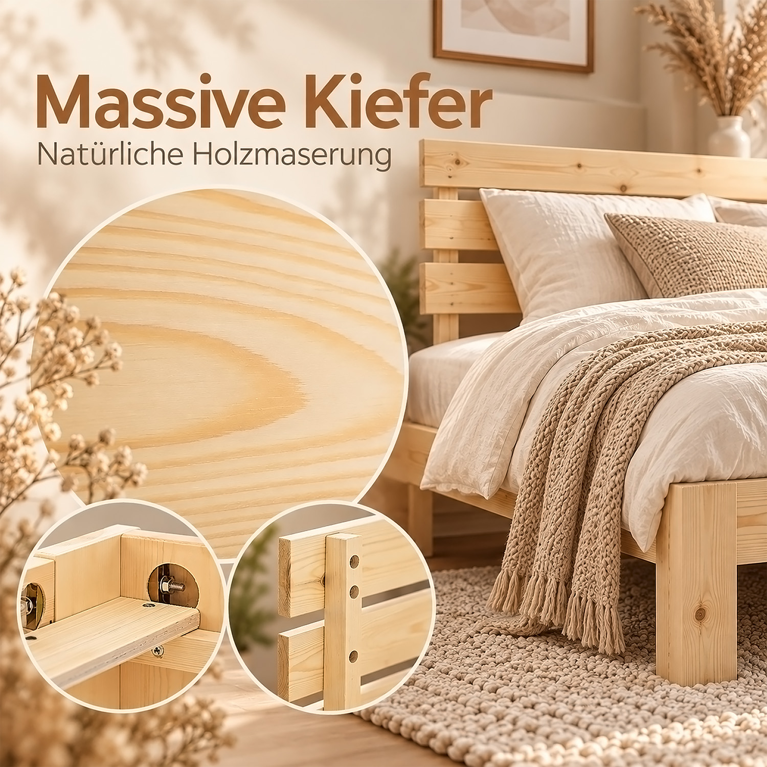 Wooden Bed 140x200 cm Natural – Solid Pine Double Bed with Slatted Base for Bedrooms, Teenagers' Rooms, and Guest Rooms