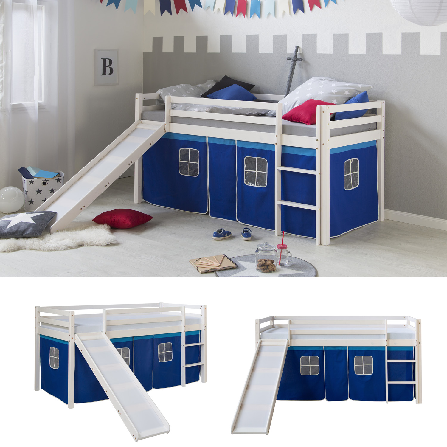 Loft Bed Kids 90x200 cm White with Curtain in Blue | Slide | without Slatted Frame