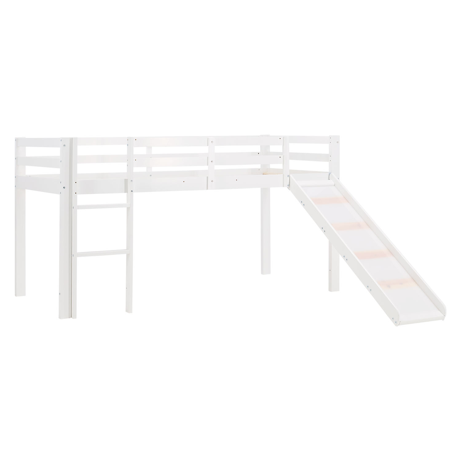 Children's Loft Bed 90x200 cm White with Blue Curtain | Slide | Without Slatted Base | For Boys