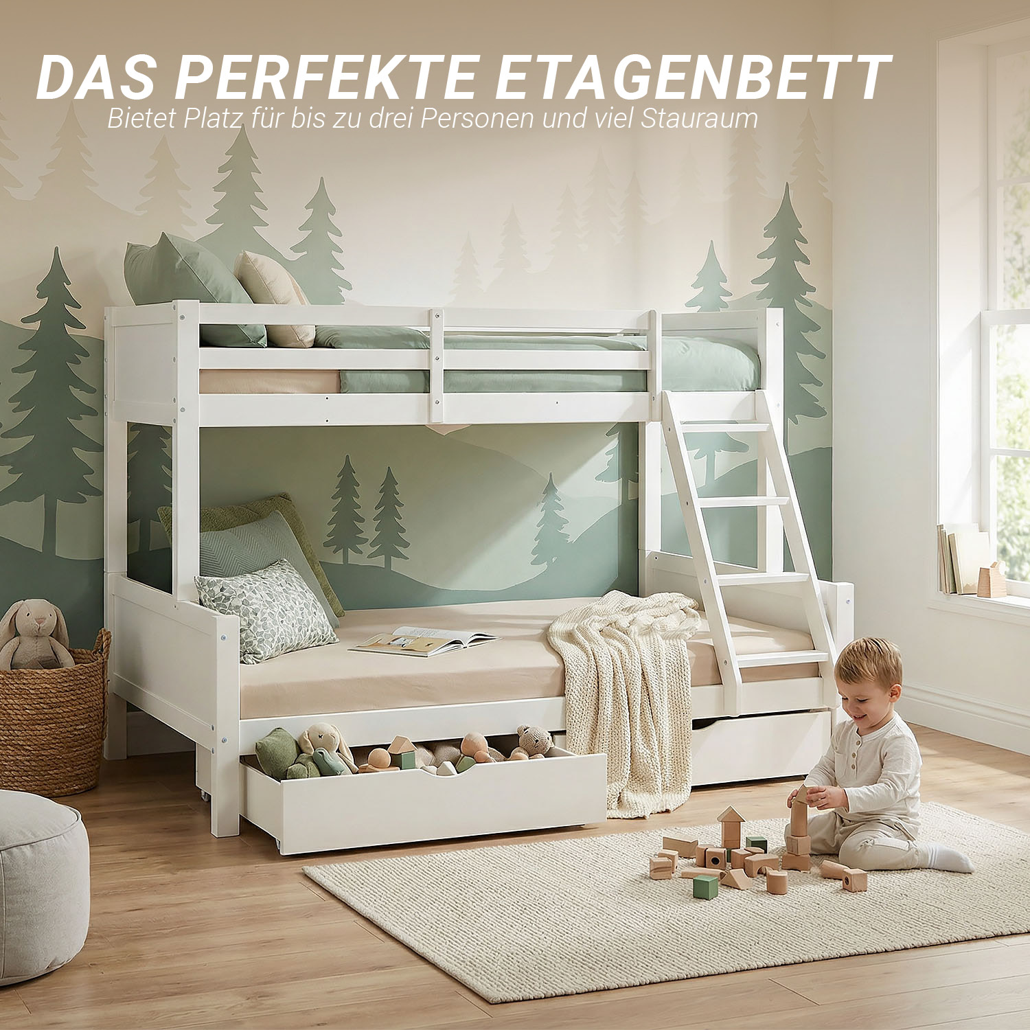 White Wooden Bunk Bed for Kids & Teens, 90x200 cm & 140x200 cm, with 2 Underbed Drawers and 2 Mattresses