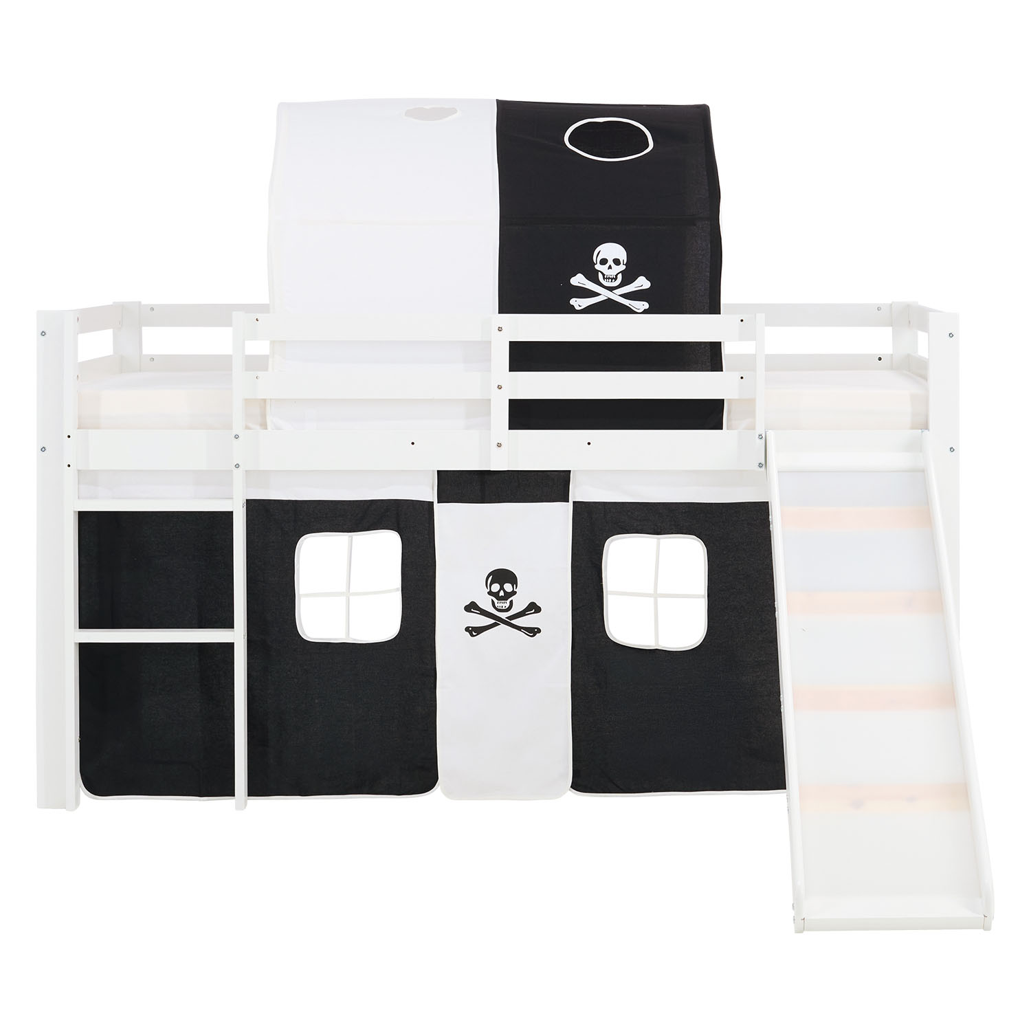 Children's Loft Bed 90x200 cm White with Black Curtain | Slide | Includes Slatted Base | Includes Mattress | Pirate | For Boys