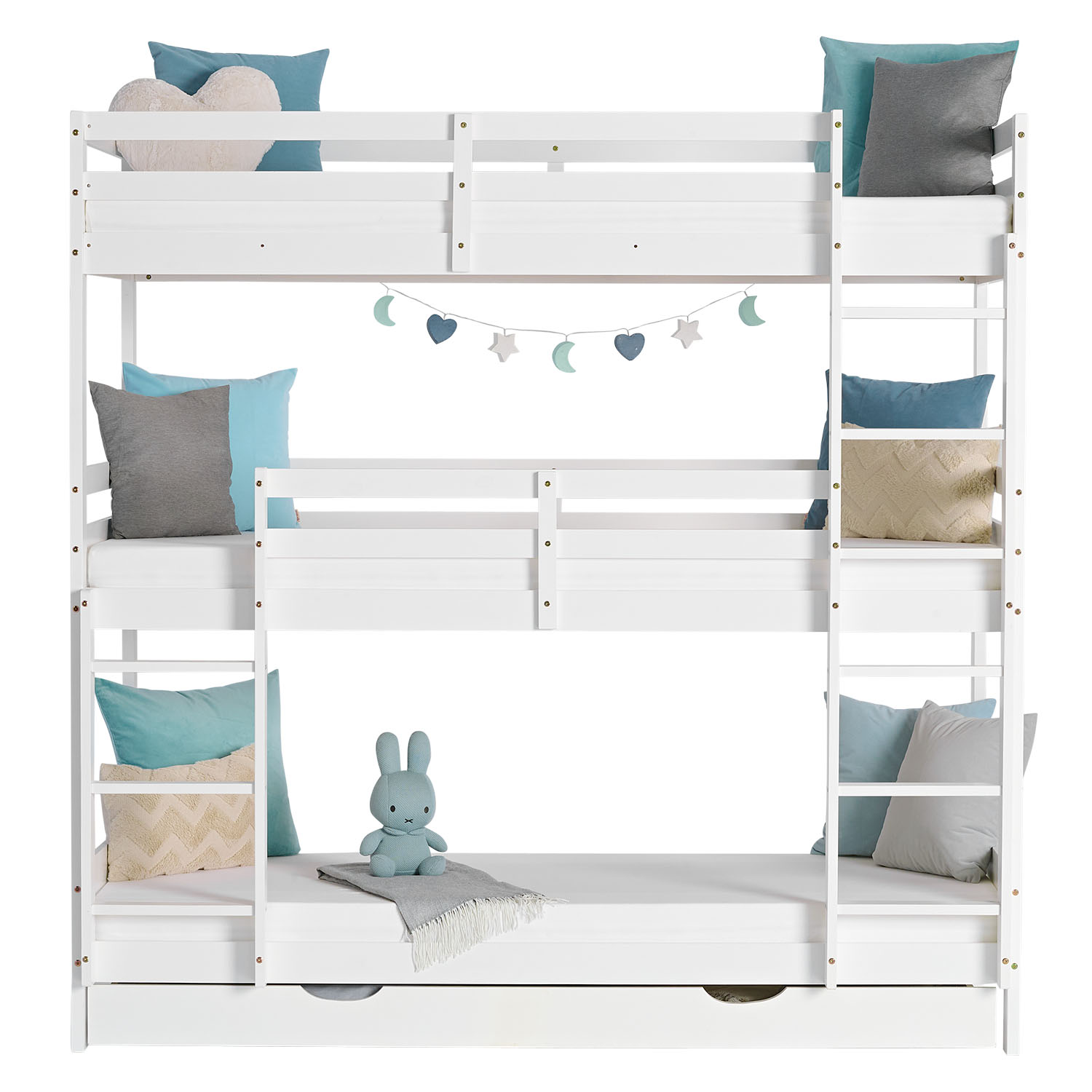 Triple Bunk Bed 90x200 with Mattresses Children´s Bed High Sleeper Cot White Wood Loft Bed Kids Bed
