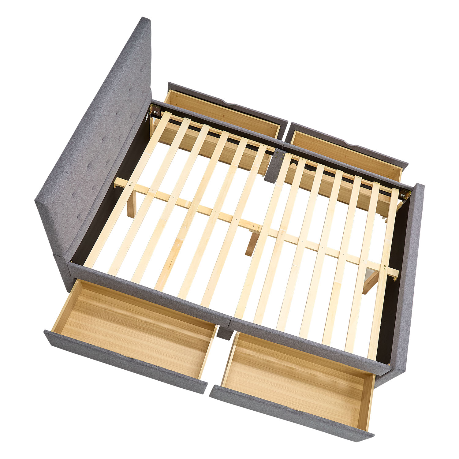 Upholstered bed 140x200 cm grey | with slatted frame | with 4 bed drawers | double fabric bed frame