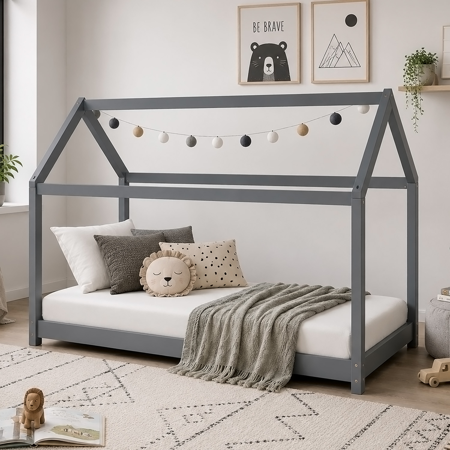 Children's Bed 90x200 cm Gray | House Bed | Single Bed | with Slatted Frame | Wood | Floor Bed