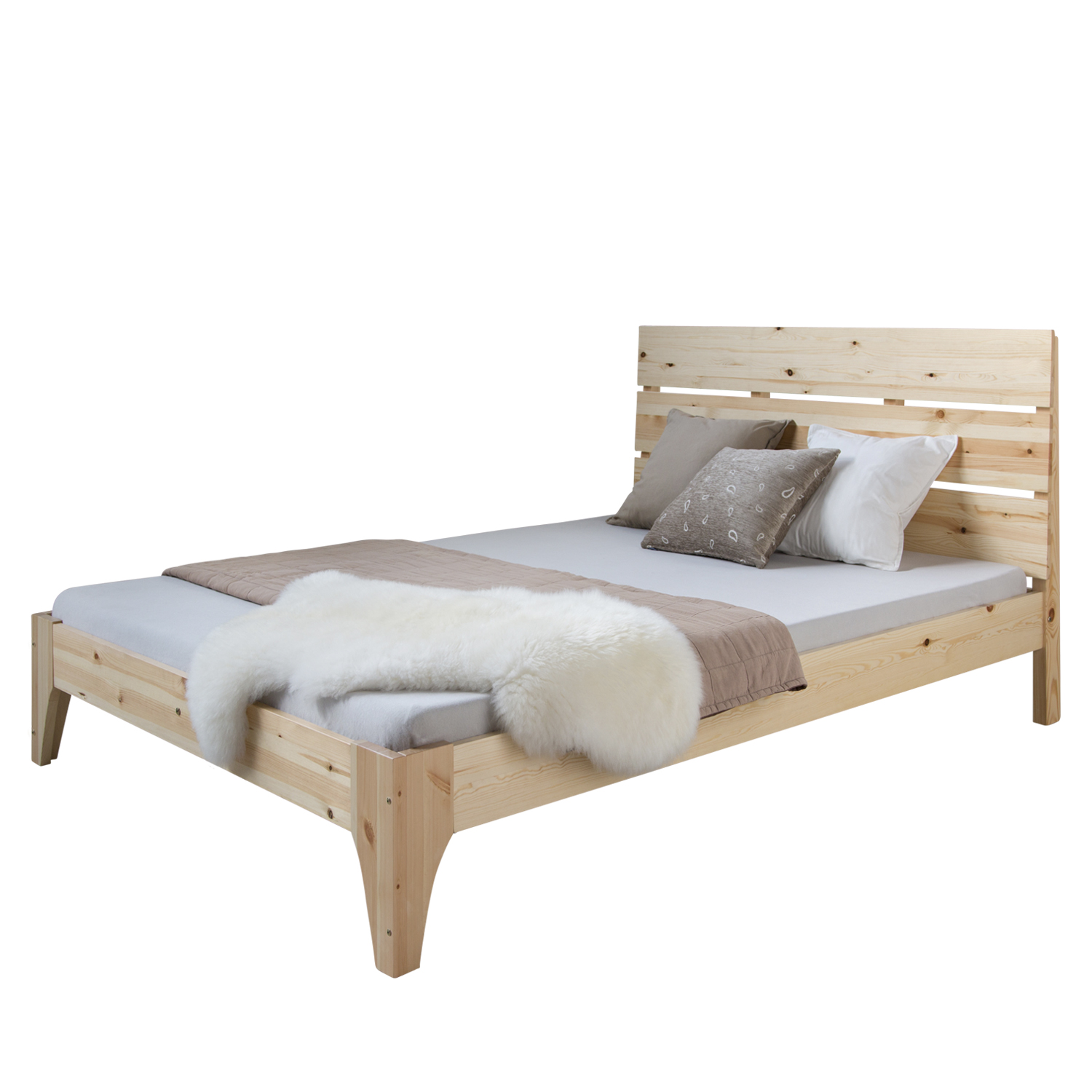 Wooden Bed 140x200 cm Natural Pine – Skandi-Style Double Bed with Slatted Base