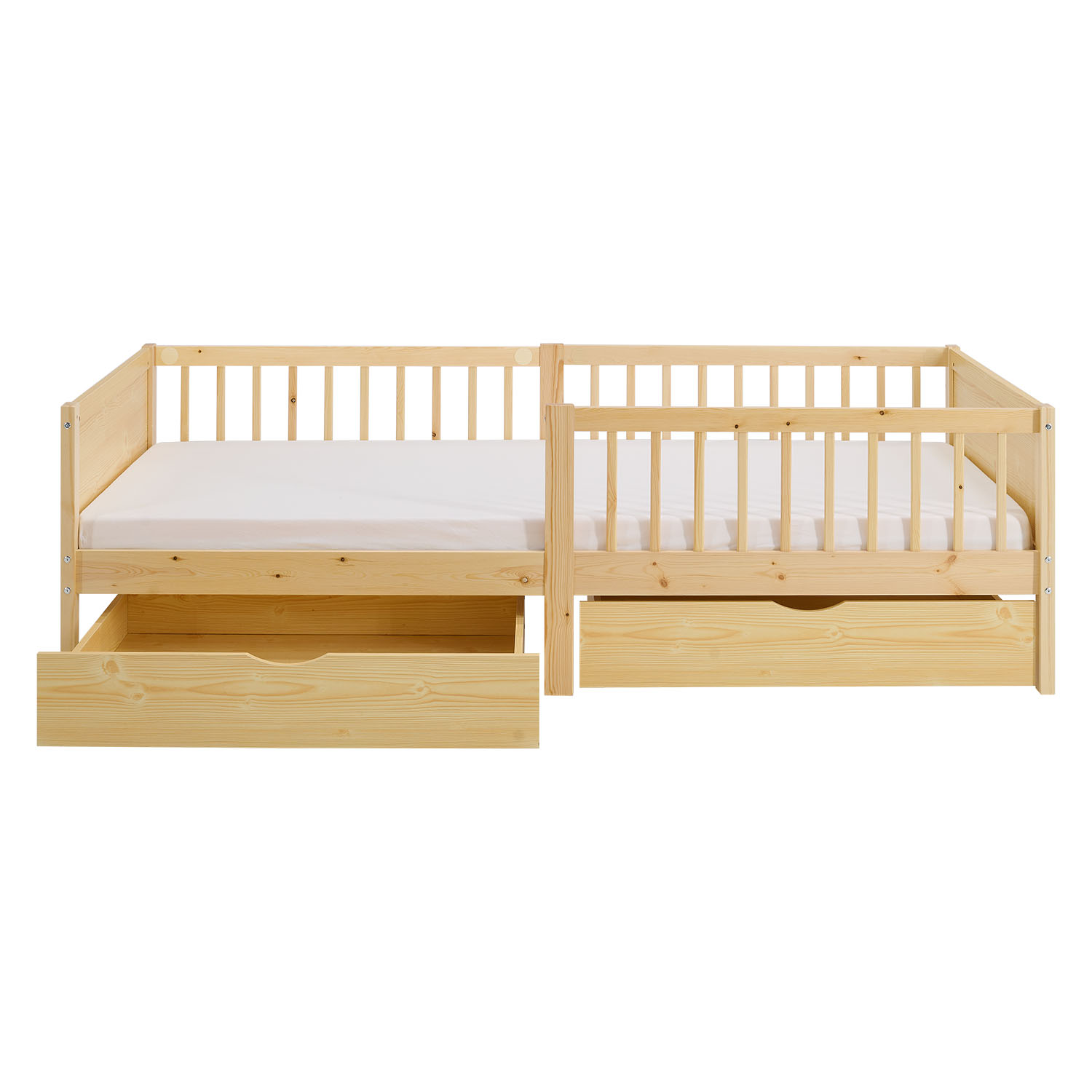 Children's Bed 90x200 cm Natural | Wooden bed with mattress | Single Bed | 2 drawers | Fall Protection