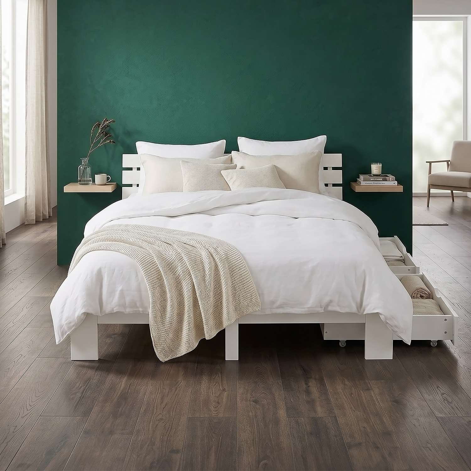 Wood Bed 180x200 cm White | Double Bed with Storage 2 Drawers | with Mattress | Solid | Youth Guest Bedroom