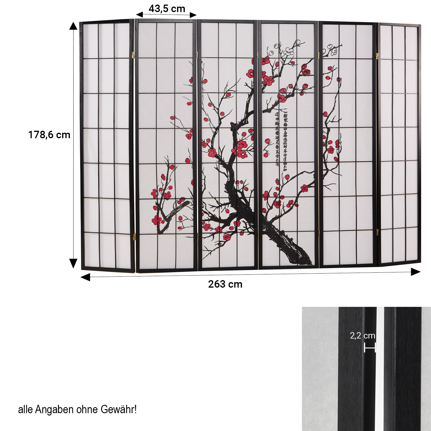 Screen room divider 6 parts wood black, rice paper white cherry pattern