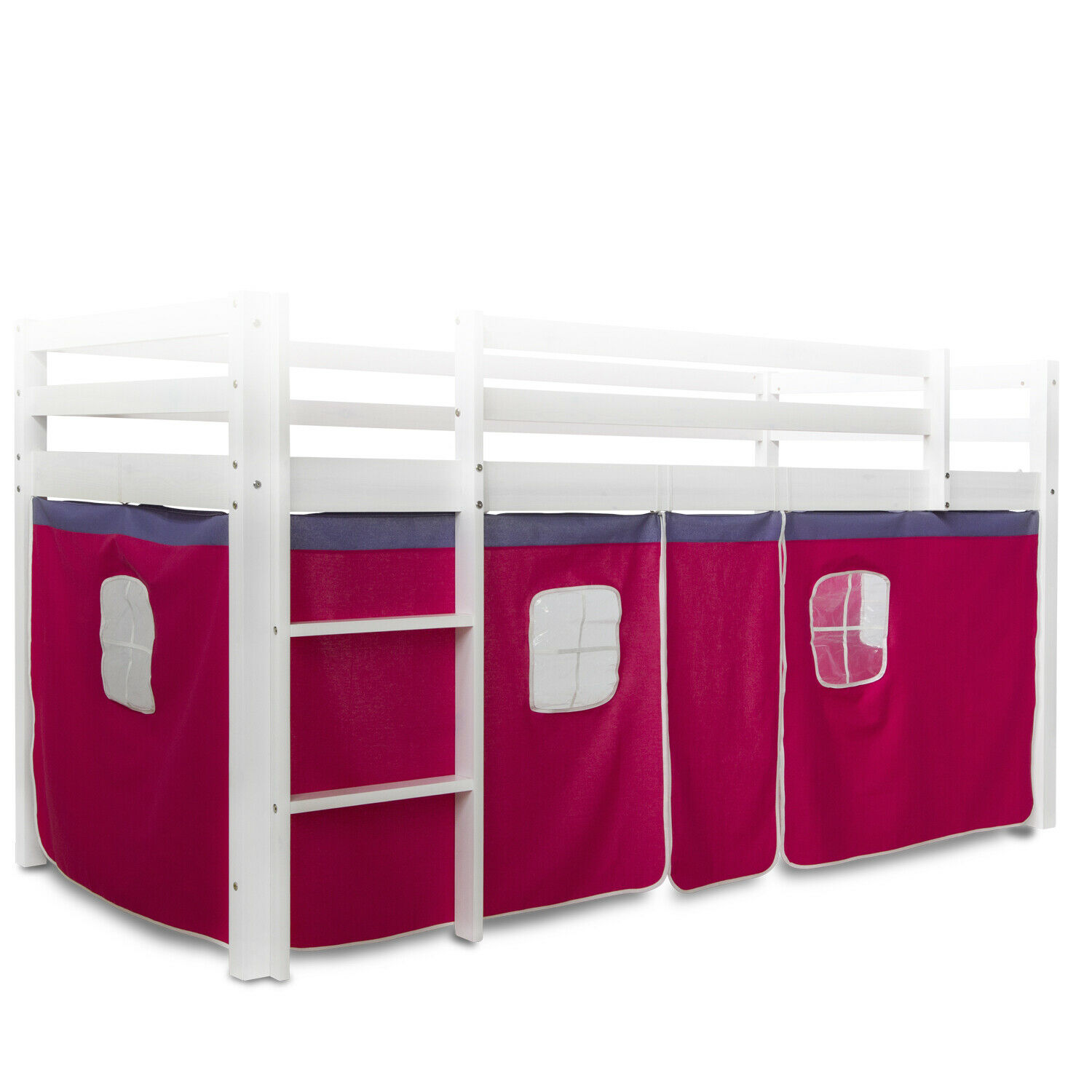 Bettvorhang in Pink mit Baumwollstoff. Der Bettvorhang ist als Anwendungsbild an einem weißen Hochbett vor weißem Hintergrund abgebildet. Die Stoffflächen unter der Liegefläche, die Fensteröffnungen und die seitliche Leiter sind sichtbar.