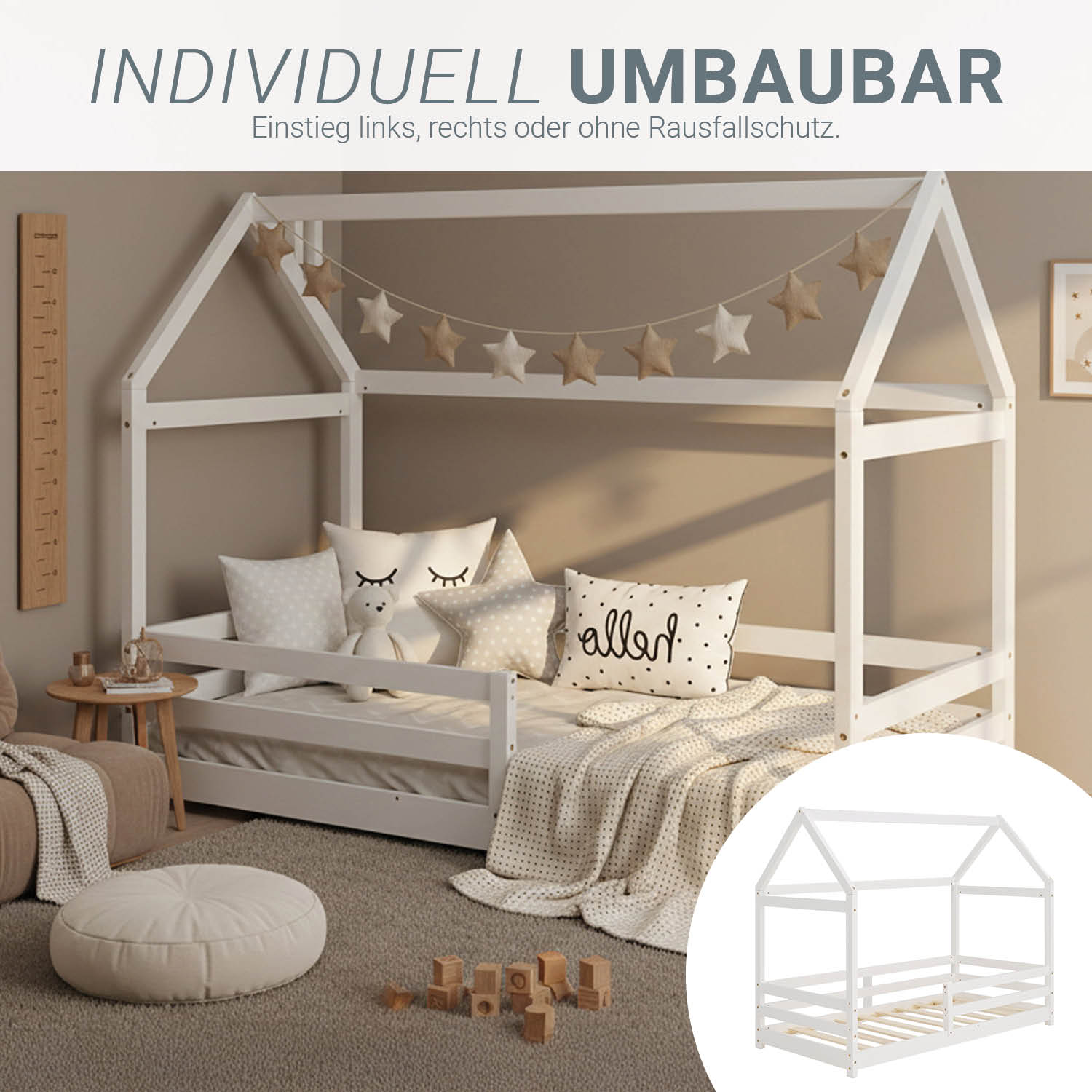 Children's Bed 80x160 cm White | House Bed with Fall Protection | Montessori | Single Bed | with Slatted Frame | Wood