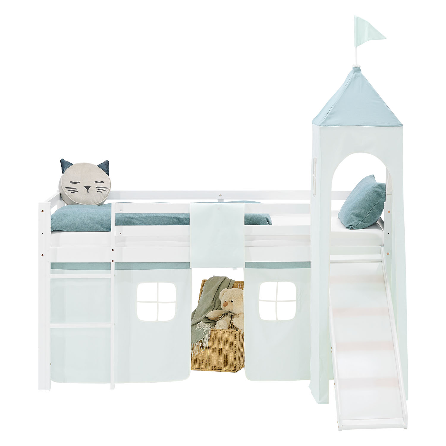 Loft Bed for Kids 90x200 cm White with Curtain in Mint Green | Slide | Tower | with Slatted Frame and Mattress