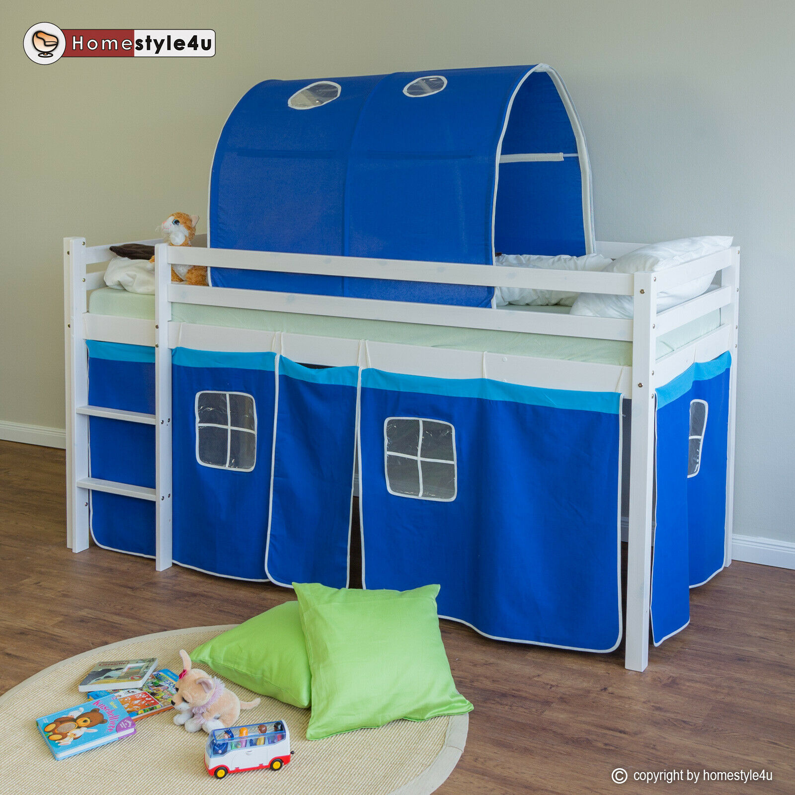 Loft Bed Kids 90x200 cm White with Curtain in Blue | Tunnel | without Slatted Frame