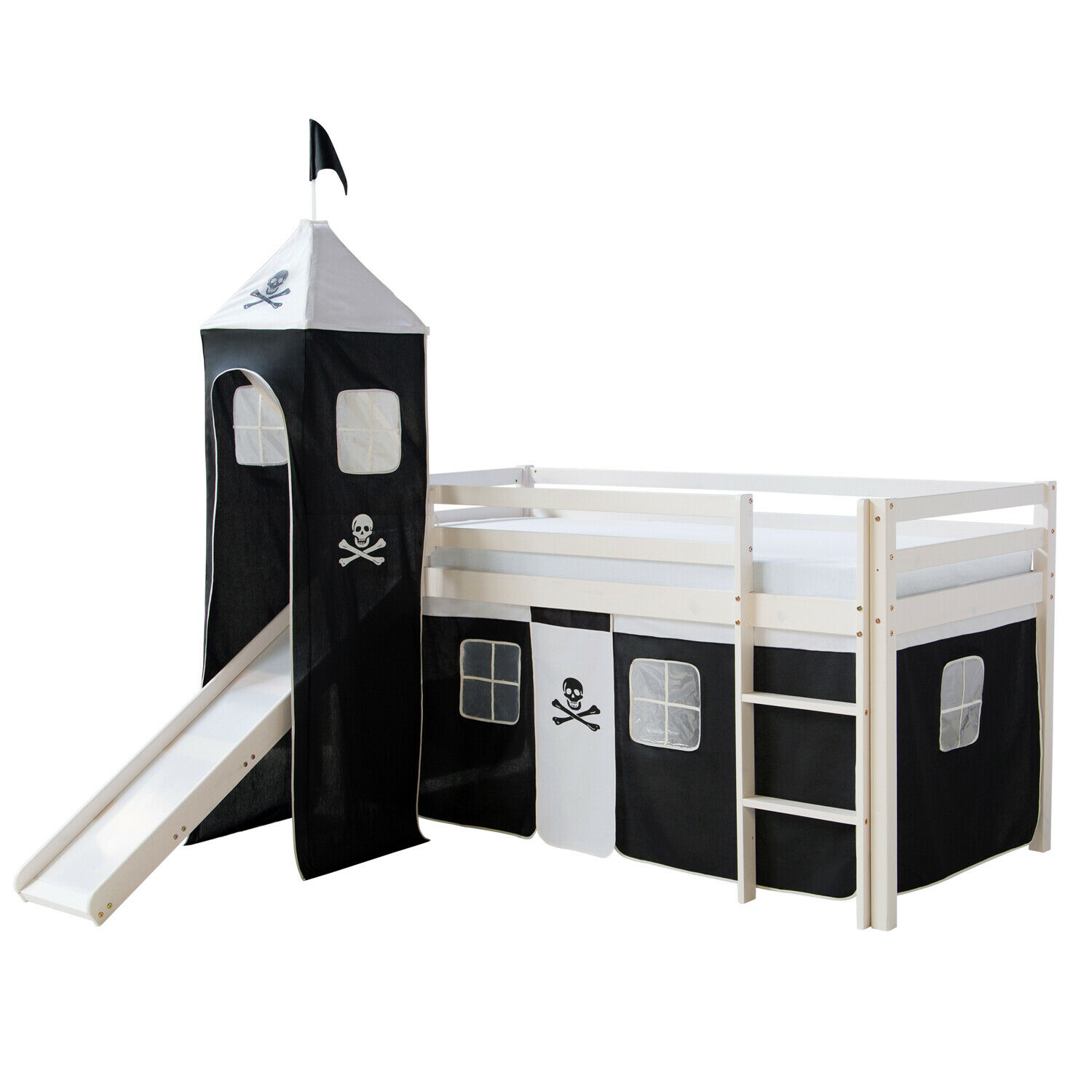 Loft Bed Kids 90x200 cm White with Curtain in Black | Tower | Slide | without Slatted Frame Loft Bed Kids 90x200 cm White with Curtain in Black | Tower | Slide | without Slatted Frame
