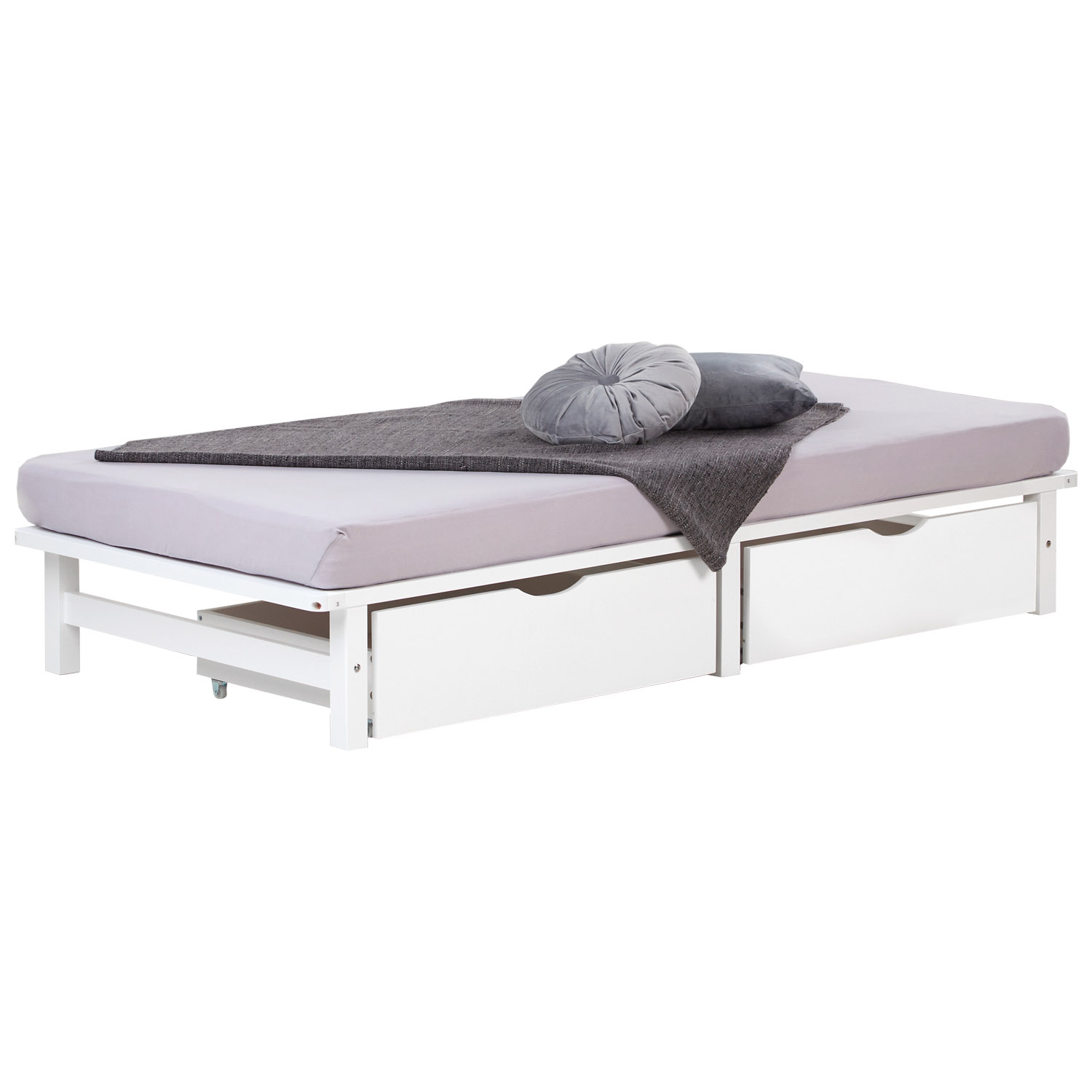 Bed Drawer Set of 2 Drawers Wood Storage with Rollers Pull-out Bed Box White