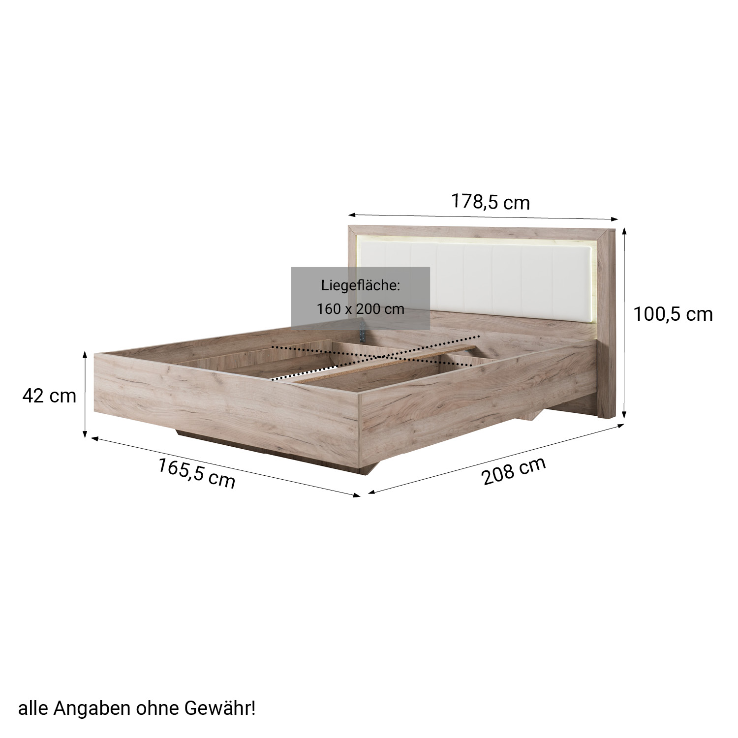 Wooden bed with upholstered headboard 160x200 cm oak und Leder Weiß | with 2 slatted frames | double fabric bed