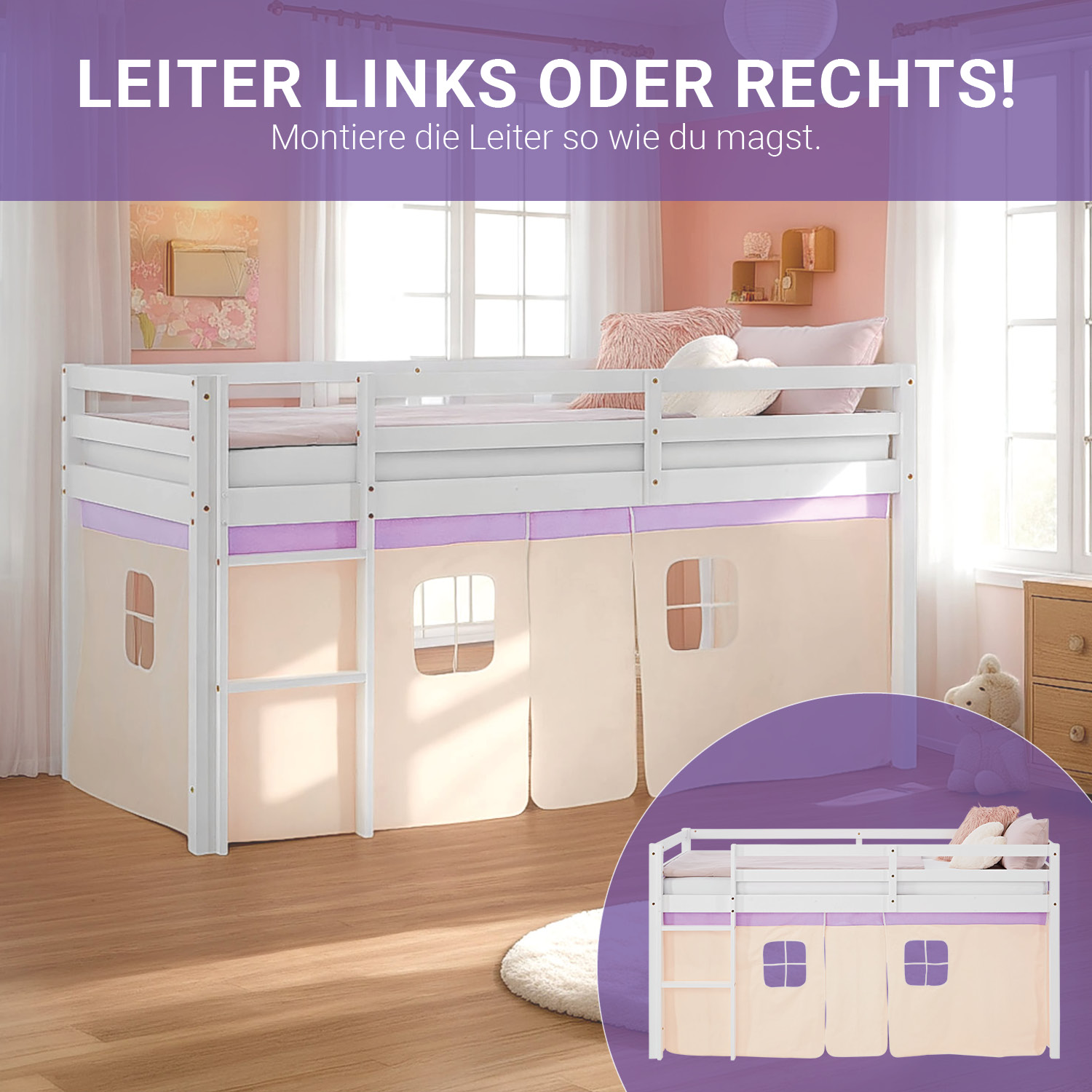 Loft Bed for Kids 90x200 cm White with Curtain in Lilac Beige | with Slatted Frame and Mattress