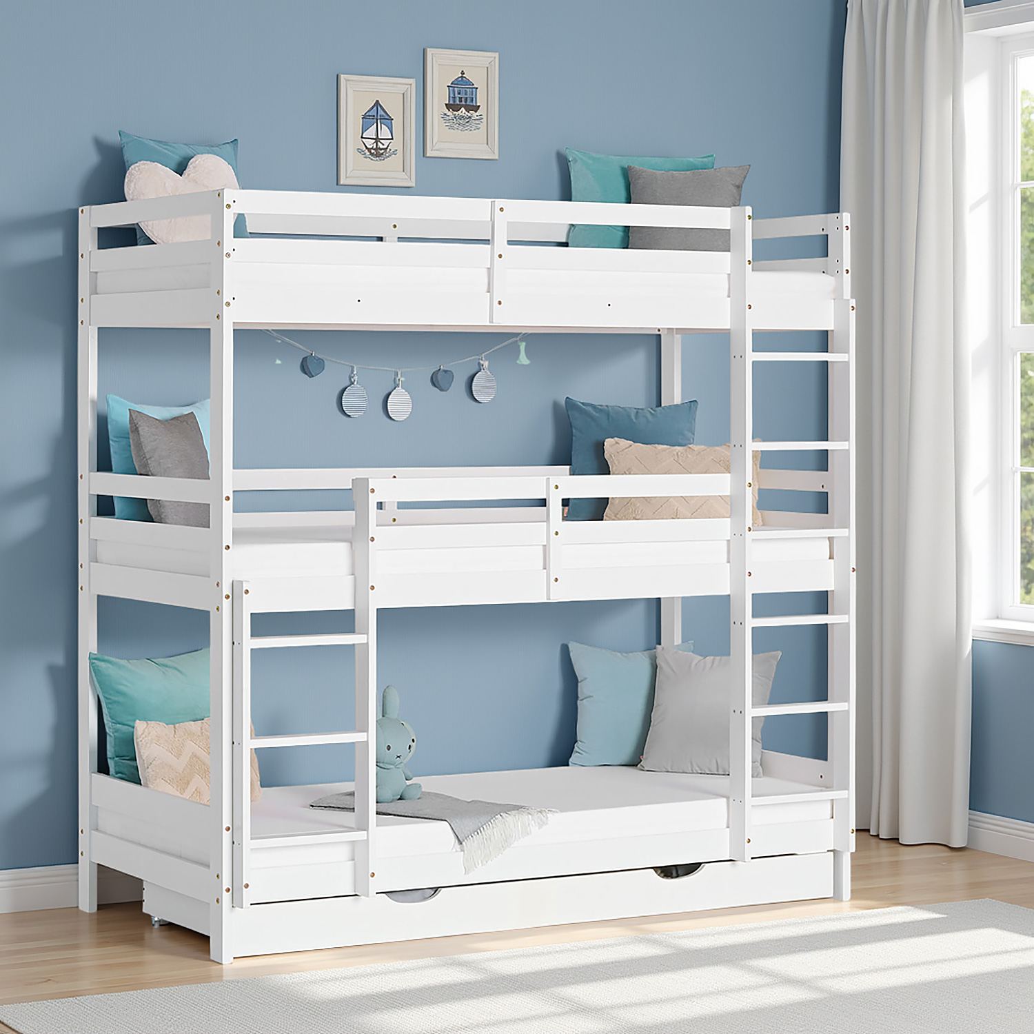 Triple Bunk Bed 90x200 with Mattresses Children´s Bed High Sleeper Cot White Wood Loft Bed Kids Bed