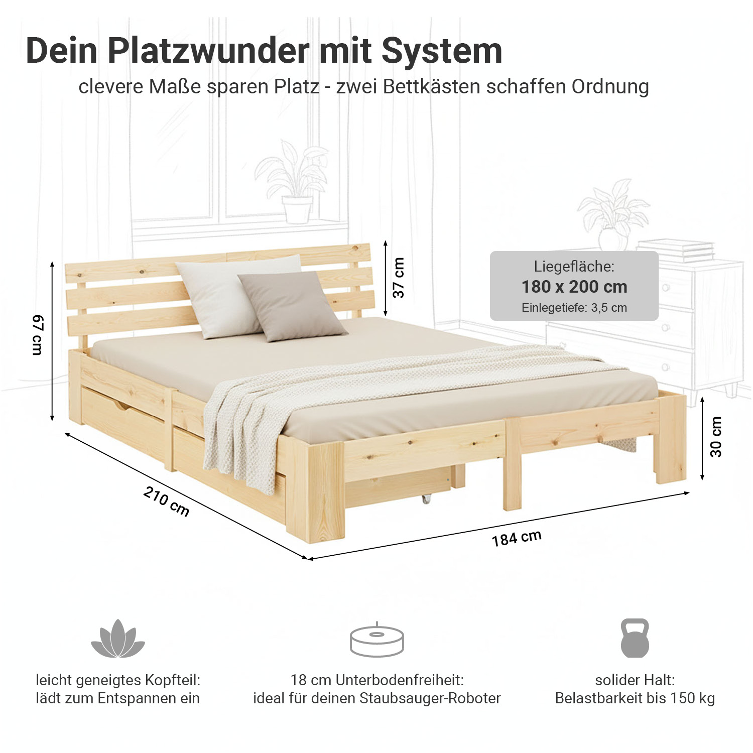 Wood Bed 180x200 cm Natural | Double Bed with Storage 2 Drawers | with Mattress | Solid | Youth Guest Bedroom