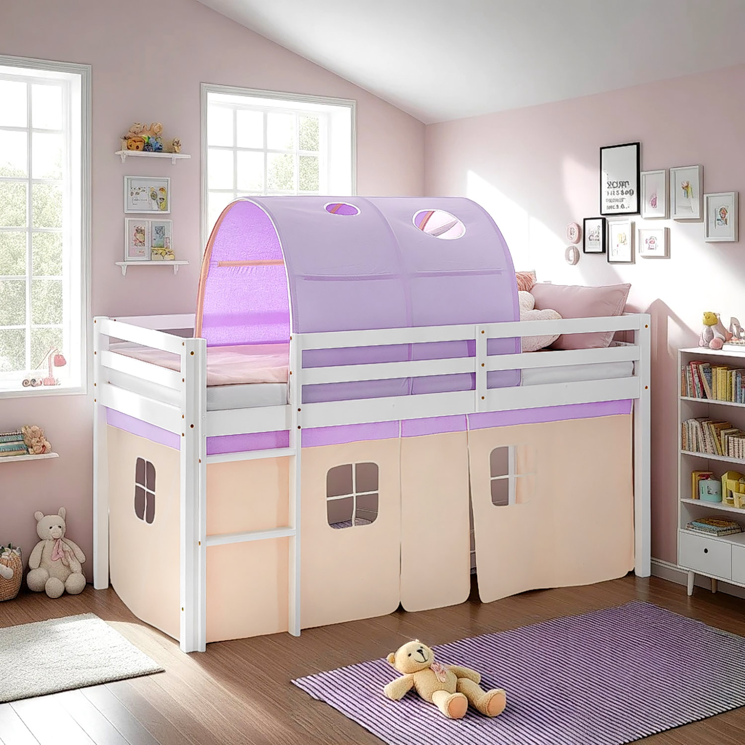 Children's Loft Bed 90x200 cm, White with Purple-Beige Curtain | Tunnel | Includes Slatted Base and Mattress
