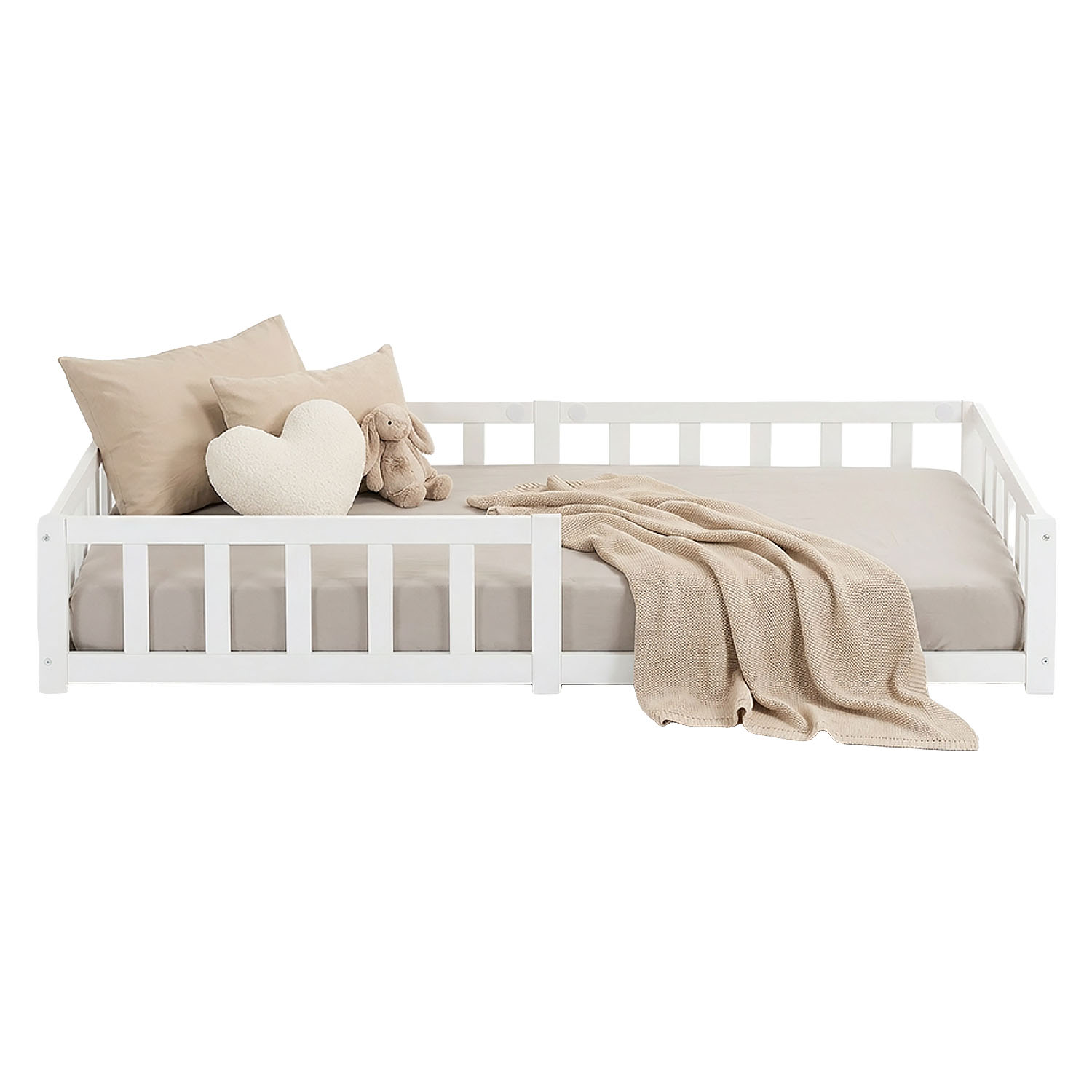 Montessori Crib 90x200 cm White, Includes Mattress & Slatted Base – Floor-Level Crib with Safety Rail Made of Solid Wood