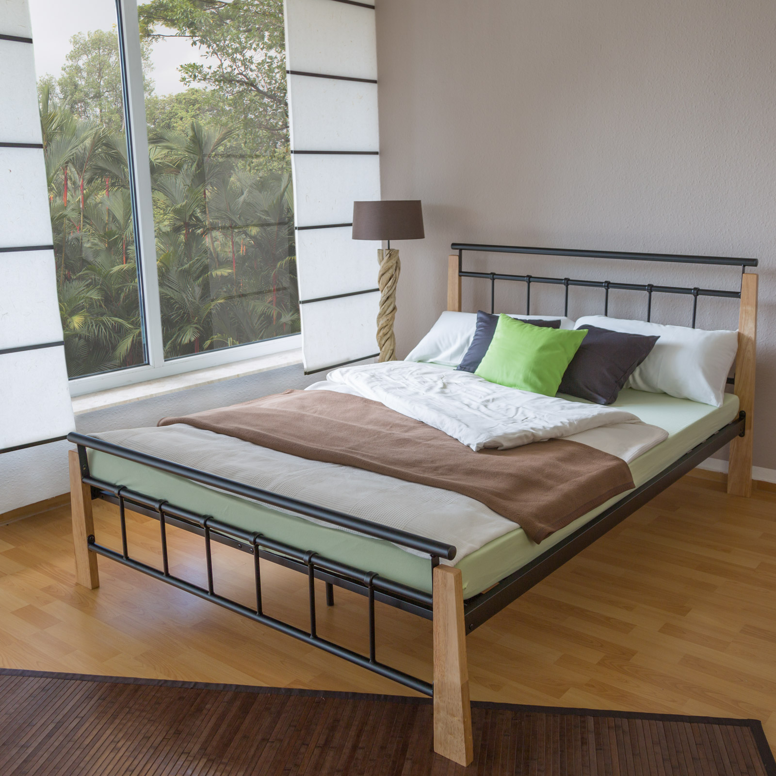 Metal Bed Iron Bed Double 180 x 200 Wood Slatted black natural bed frame 5072