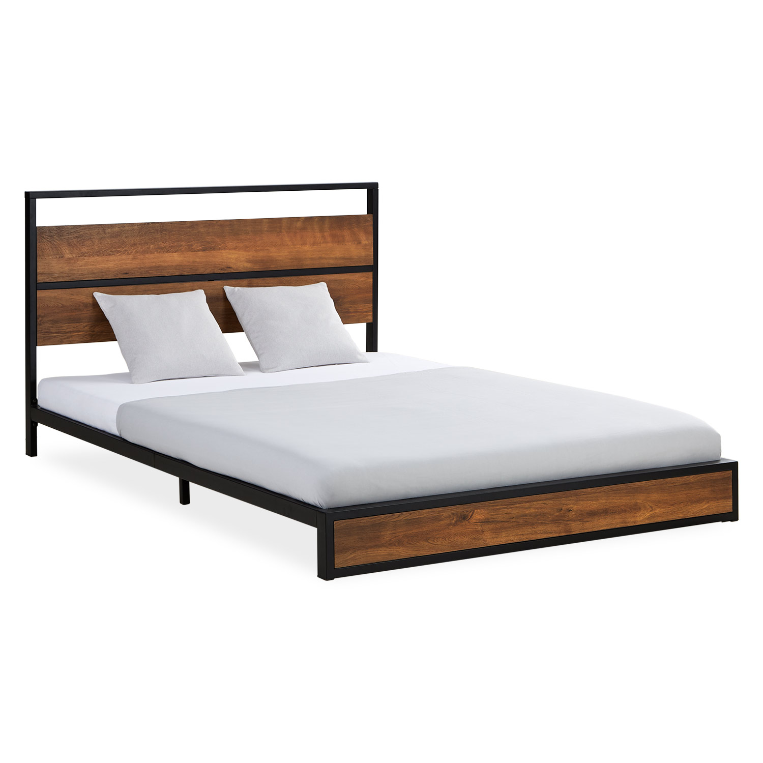 Metal Bed 140x200 cm Black-Brown with Slatted Base – Modern Double Bed with a Wood-Look Finish